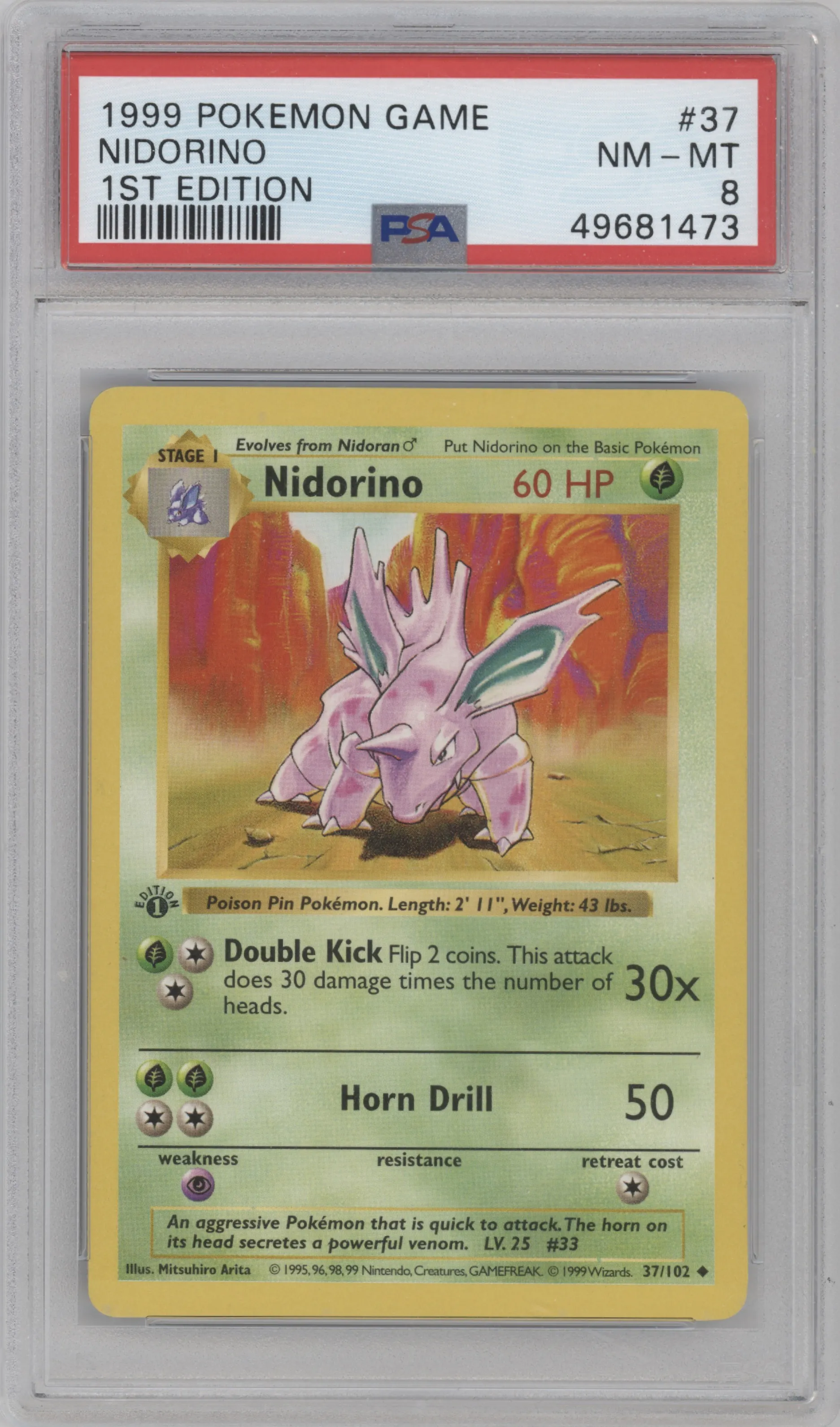 Nidorino from the 1999 Pokemon set graded by PSA and given an overall grade of 8.