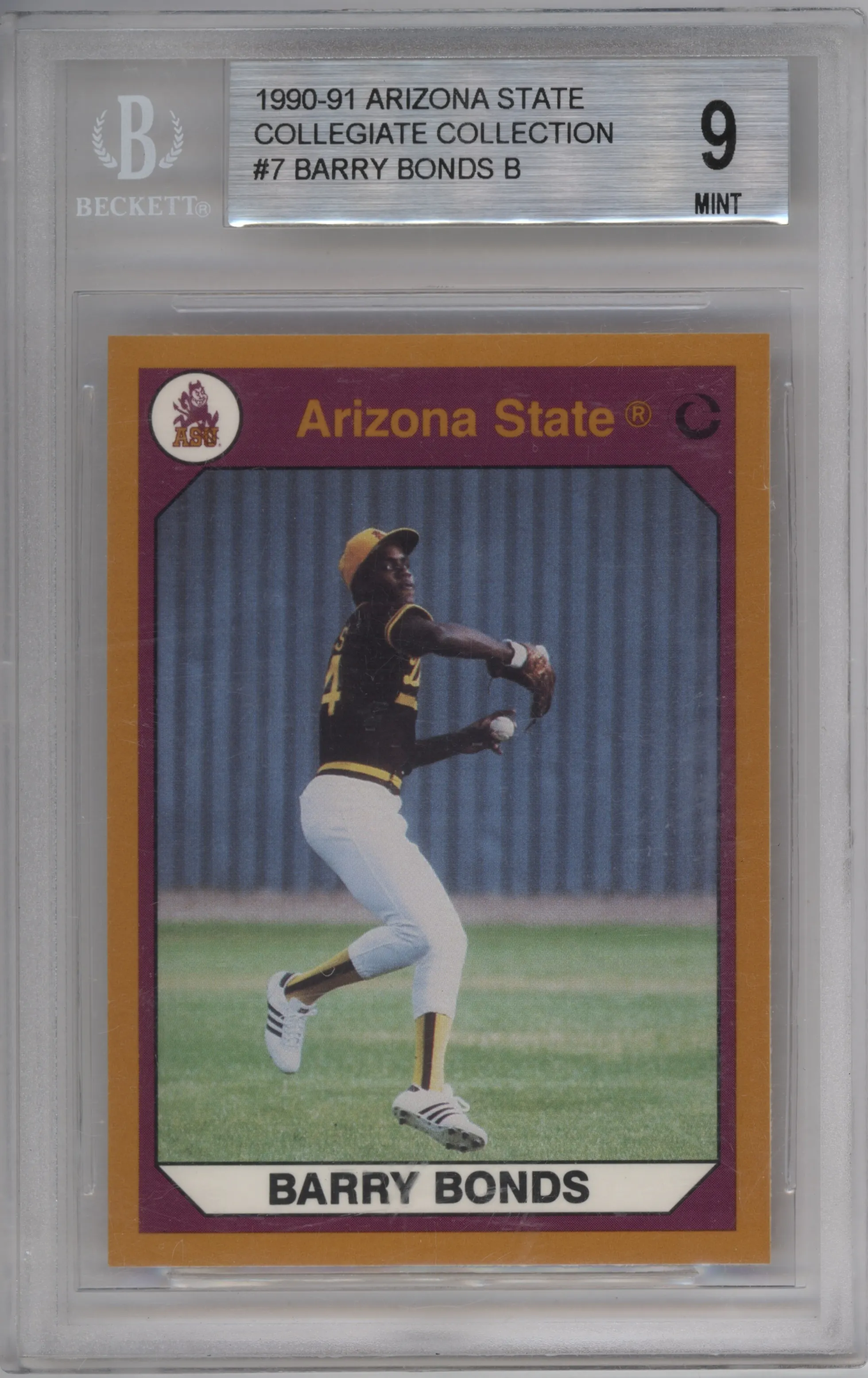 Barry Bonds from the 1990 Collegiate Collection Arizona State Sun Devils set graded by Beckett and given an overall grade of 9.