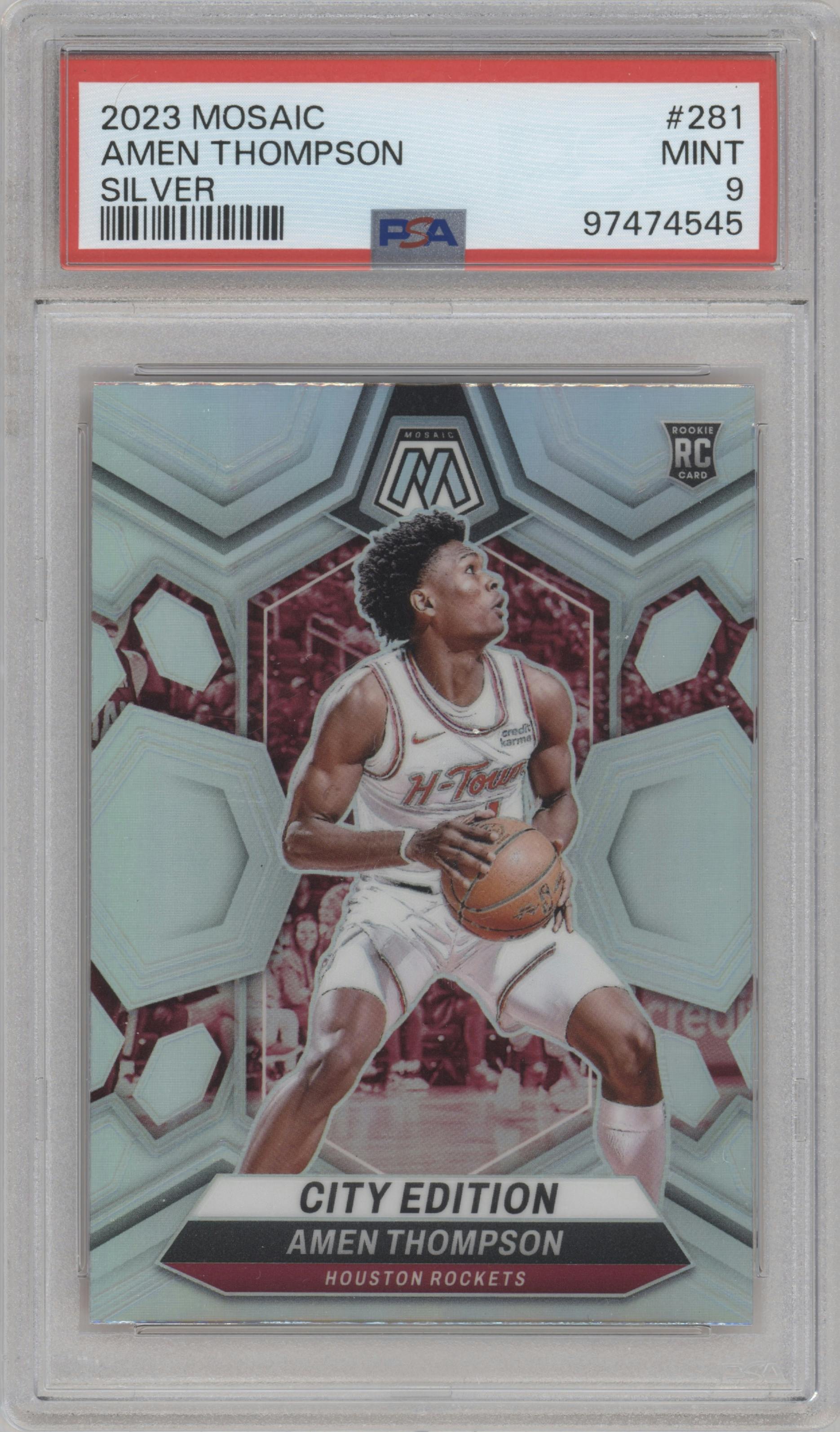 Amen Thompson from the 2023-24 Panini Mosaic set featuring a Silver parallel graded by PSA and given an overall grade of 9.