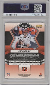 Joe Burrow from the 2022 Panini Mosaic set featuring a Choice Peacock parallel graded by PSA and given an overall grade of 10.