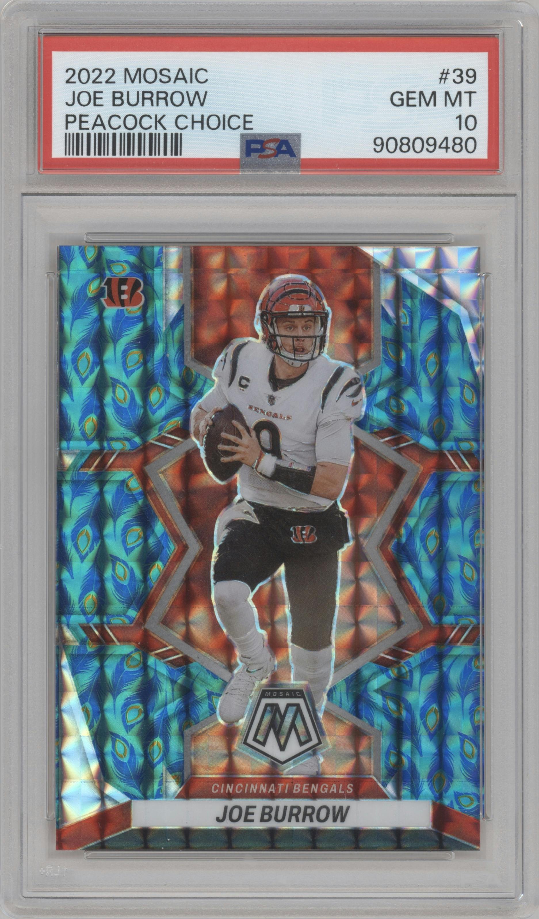 Joe Burrow from the 2022 Panini Mosaic set featuring a Choice Peacock parallel graded by PSA and given an overall grade of 10.