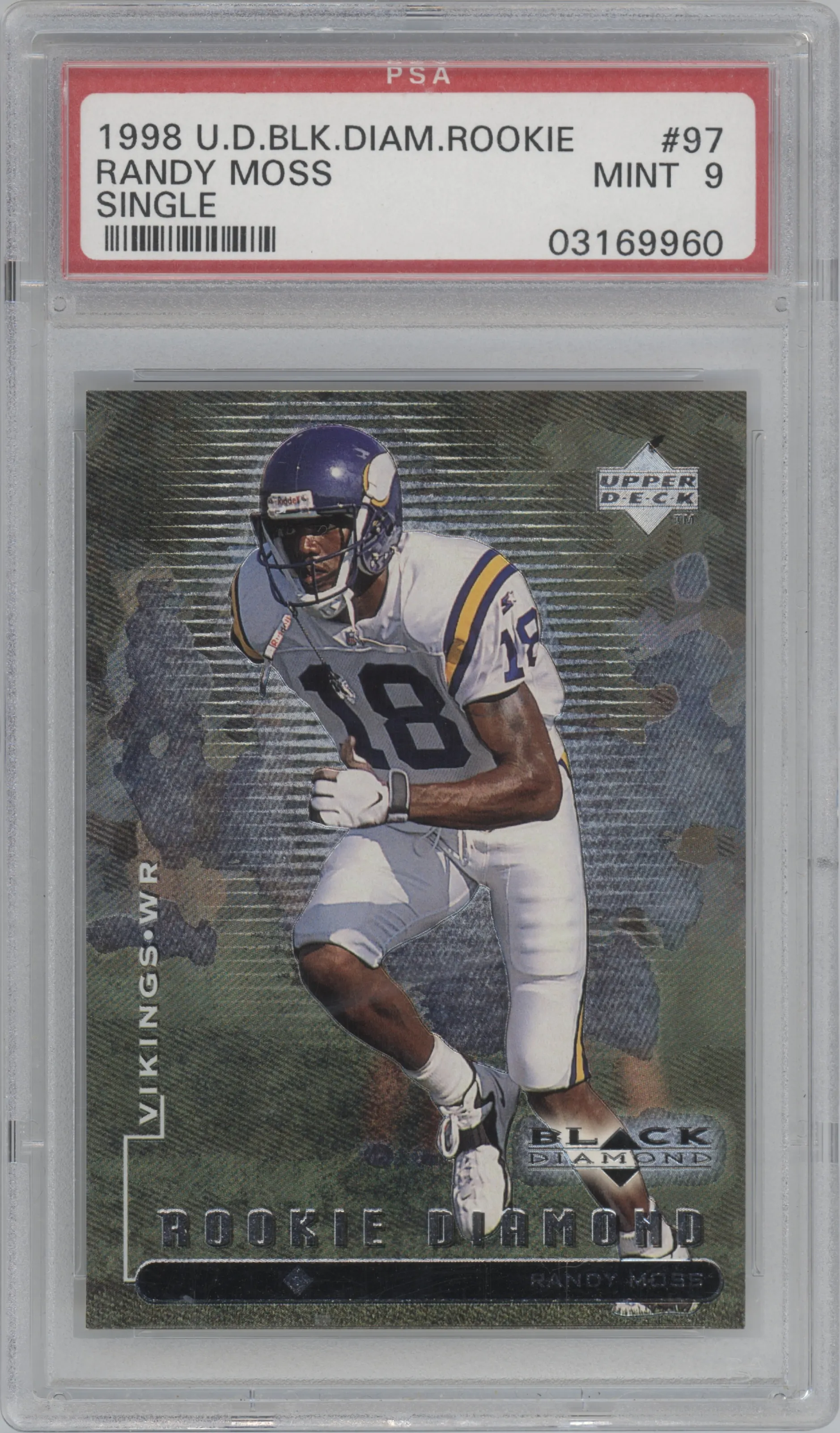 Randy Moss from the 1998 Upper Deck Black Diamond Rookie Edition set graded by PSA and given an overall grade of 9.