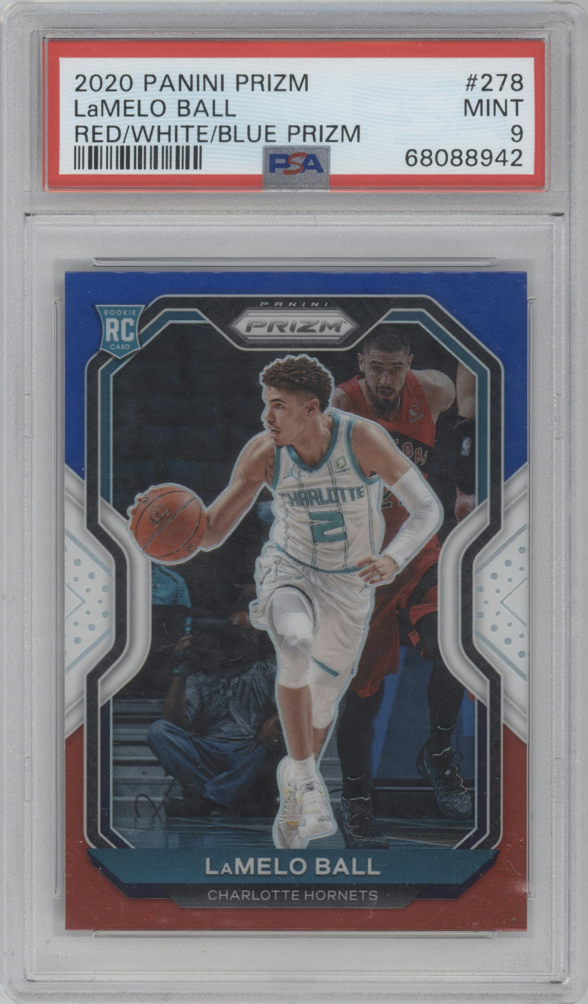 LaMelo Ball from the 2020-21 Panini Prizm set featuring a Red/White/Blue Prizm parallel graded by PSA and given an overall grade of 9.