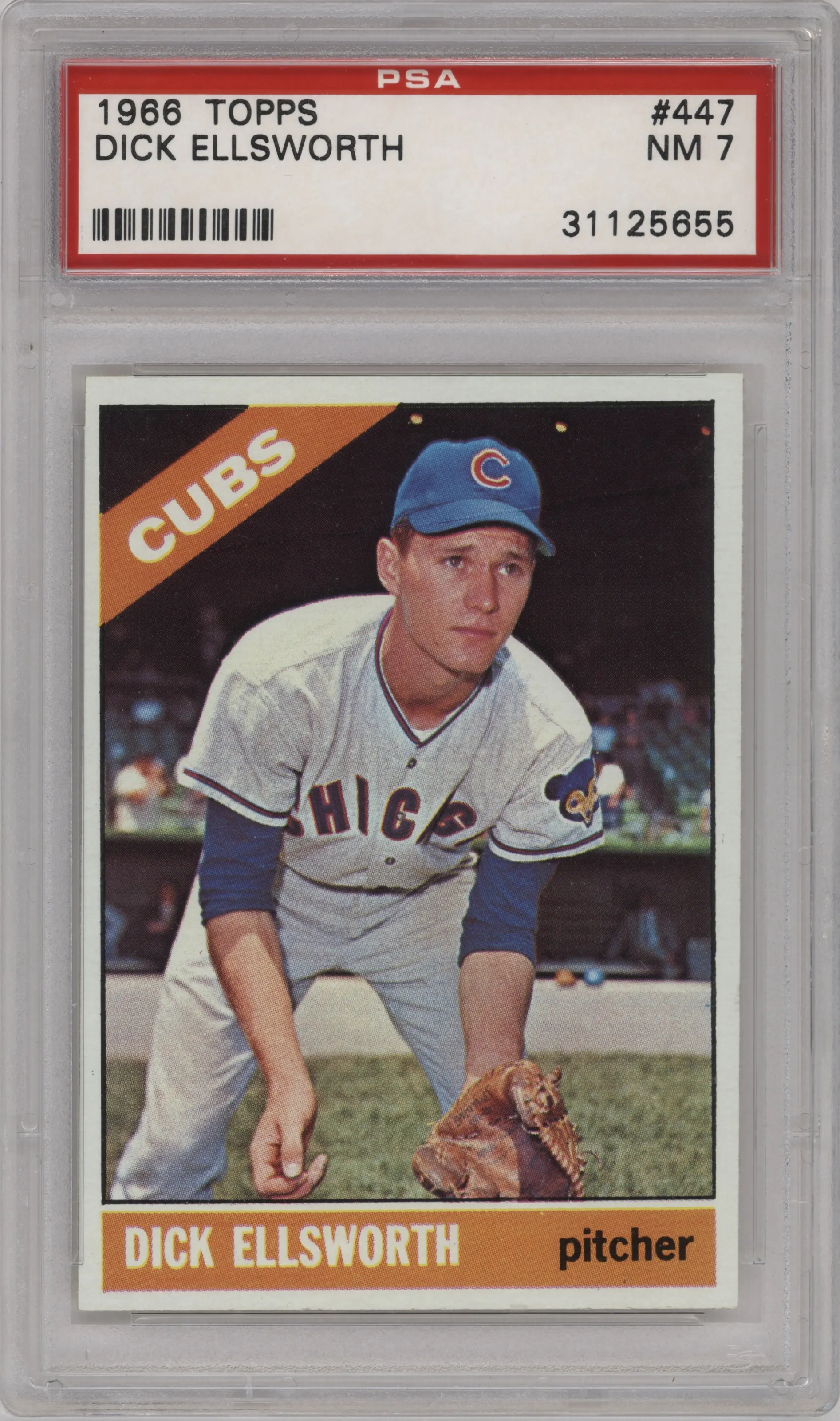 Dick Ellsworth from the 1966 Topps set graded by PSA and given an overall grade of 7.