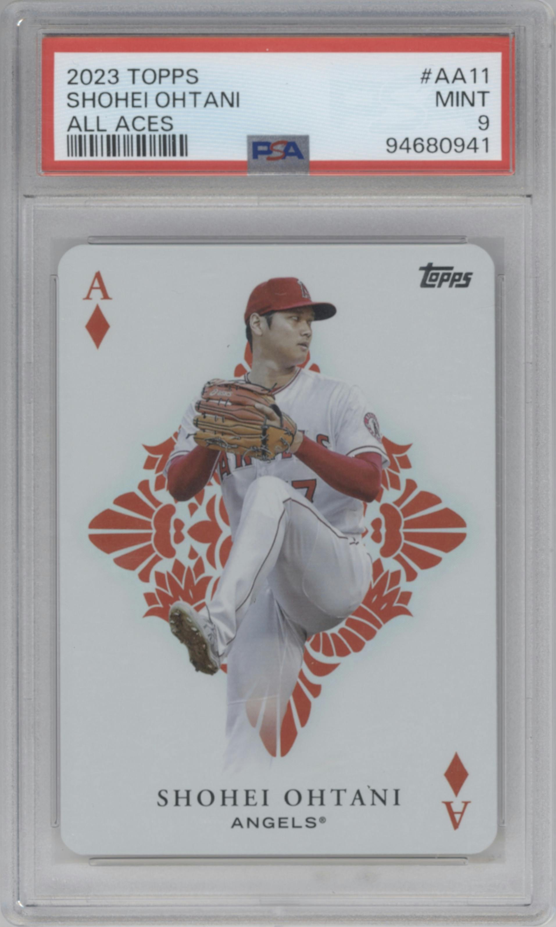 Shohei Ohtani from the 2023 Topps set graded by PSA and given an overall grade of 9.