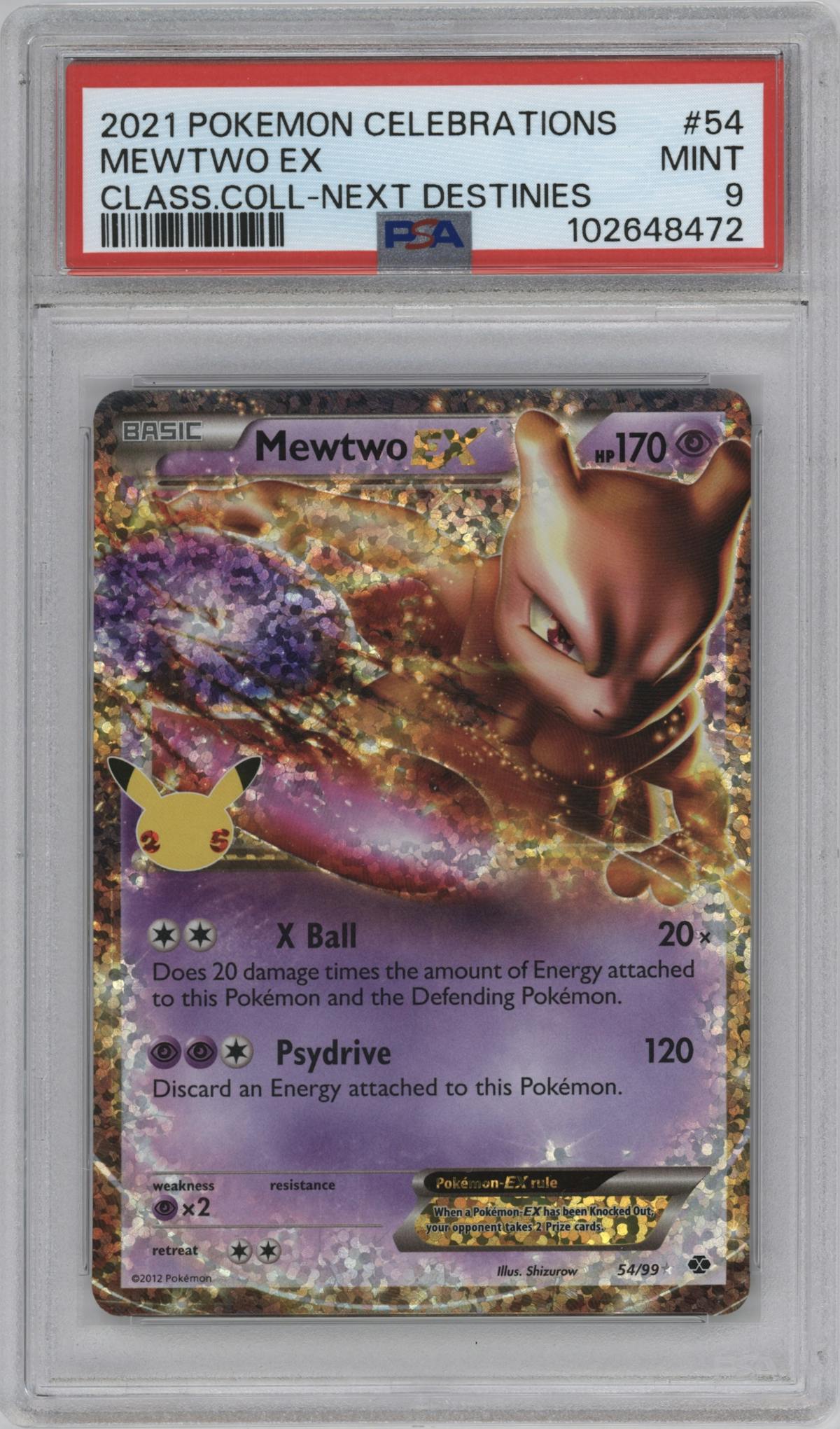 Mewtwo EX from the 2021 Pokemon SWSH set featuring a Next Destinies parallel graded by PSA and given an overall grade of 9.