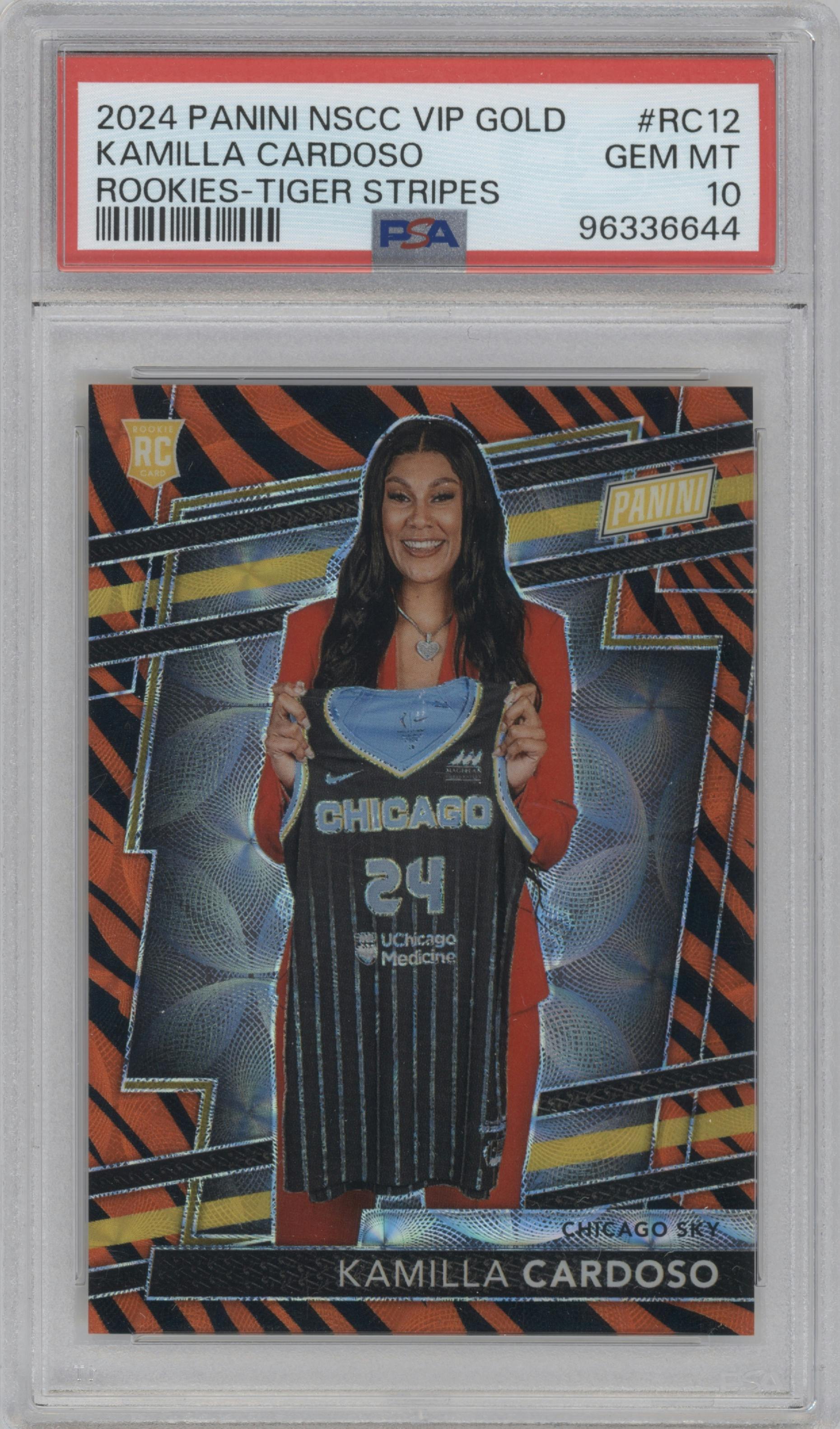 Kamilla Cardoso from the 2024 Panini The National VIP set featuring a Tiger Stripes parallel graded by PSA and given an overall grade of 10.