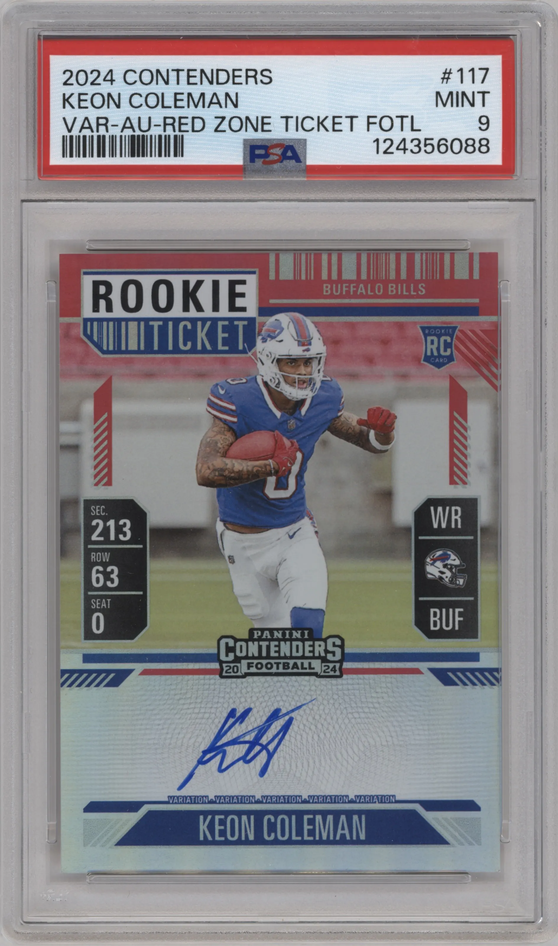 2024 Panini Contenders RPS Rke.Tkt.Auto Var. Keon Coleman 1st Off the Line FOTL Red Zone Ticket #117 PSA 9