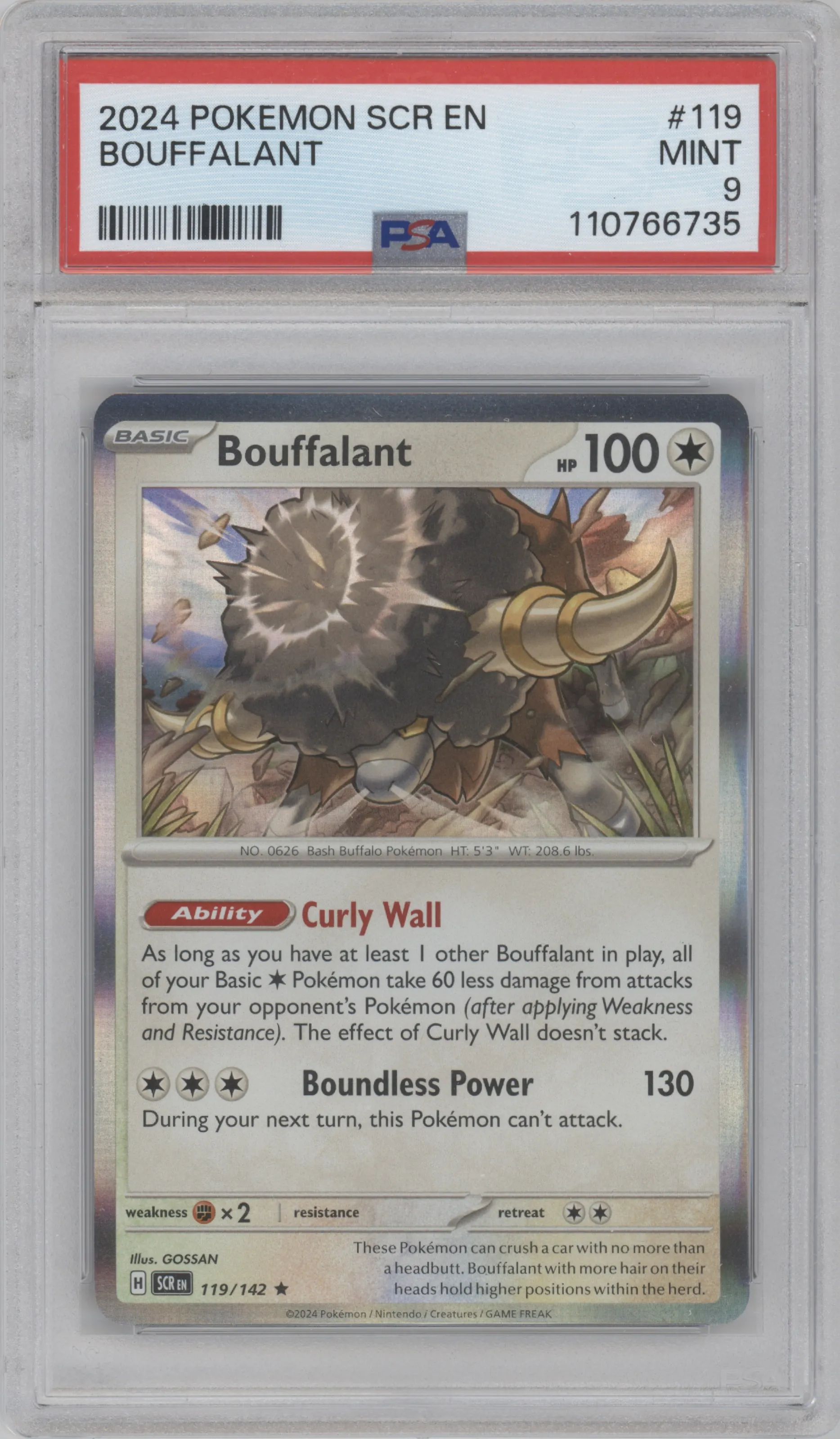 Bouffalant from the 2024 Pokemon SV set graded by PSA and given an overall grade of 9.