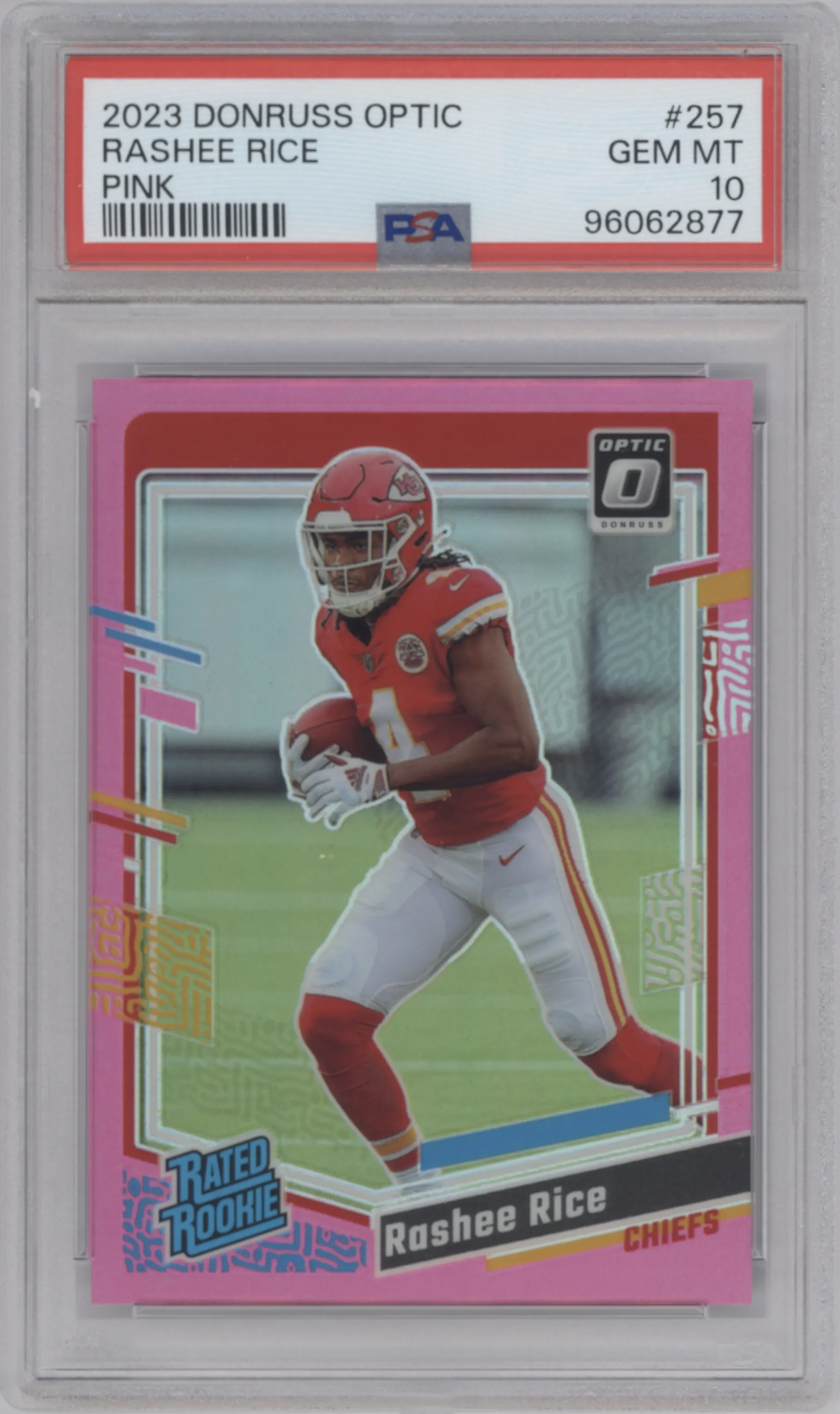 Rashee Rice from the 2023 Donruss Optic set featuring a Pink parallel graded by PSA and given an overall grade of 10.