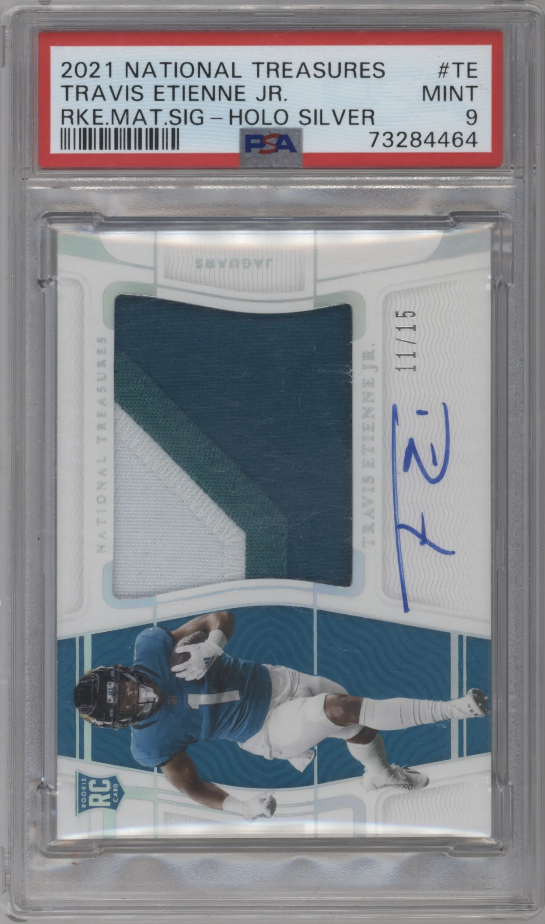 2021 Panini National Treasures Rke.Mat.Sig.RPS Travis Etienne Jr. Holo Silver #RMS-TE PSA 9