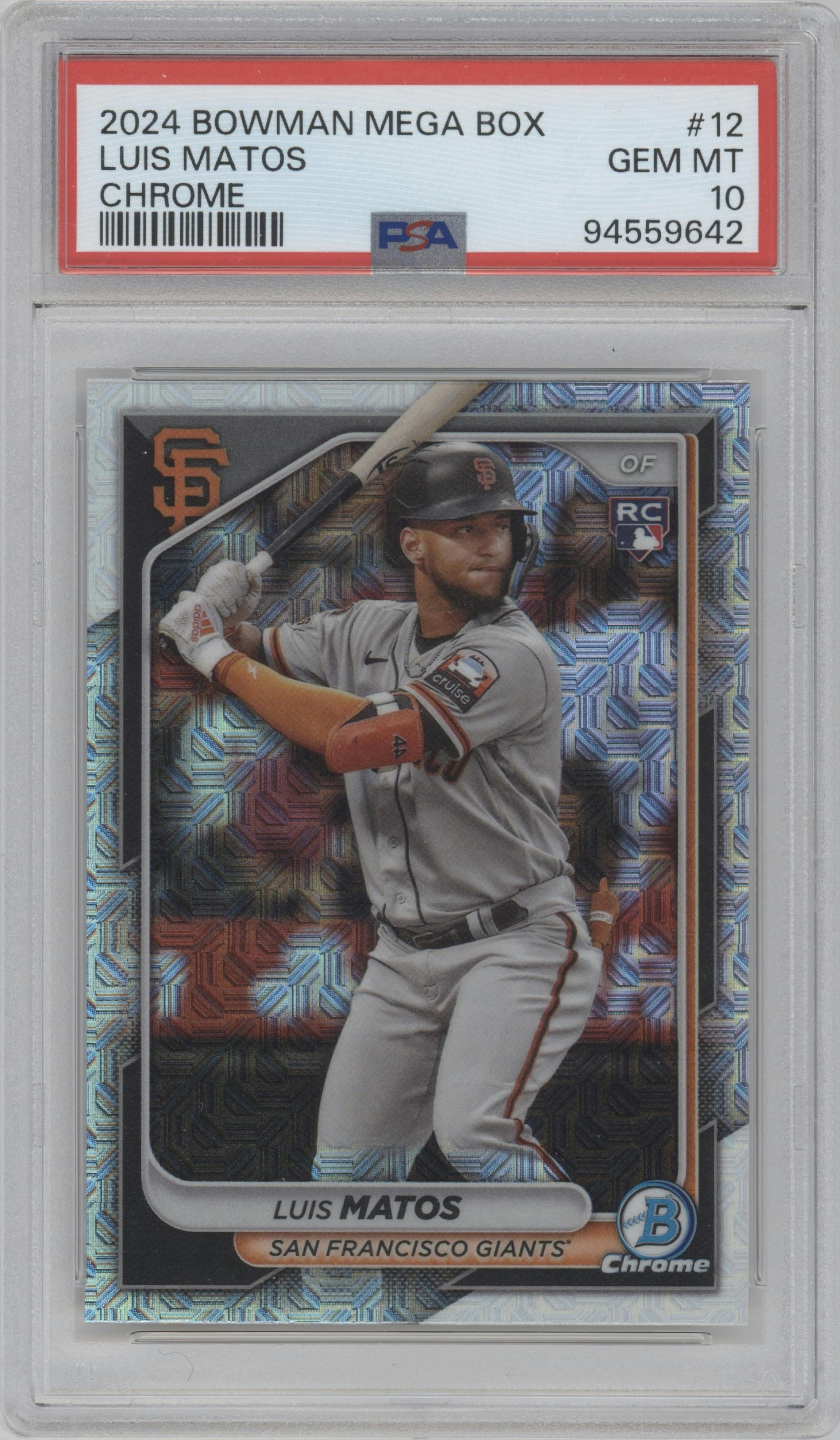 Luis Matos from the 2024 Bowman Mega Box set graded by PSA and given an overall grade of 10.