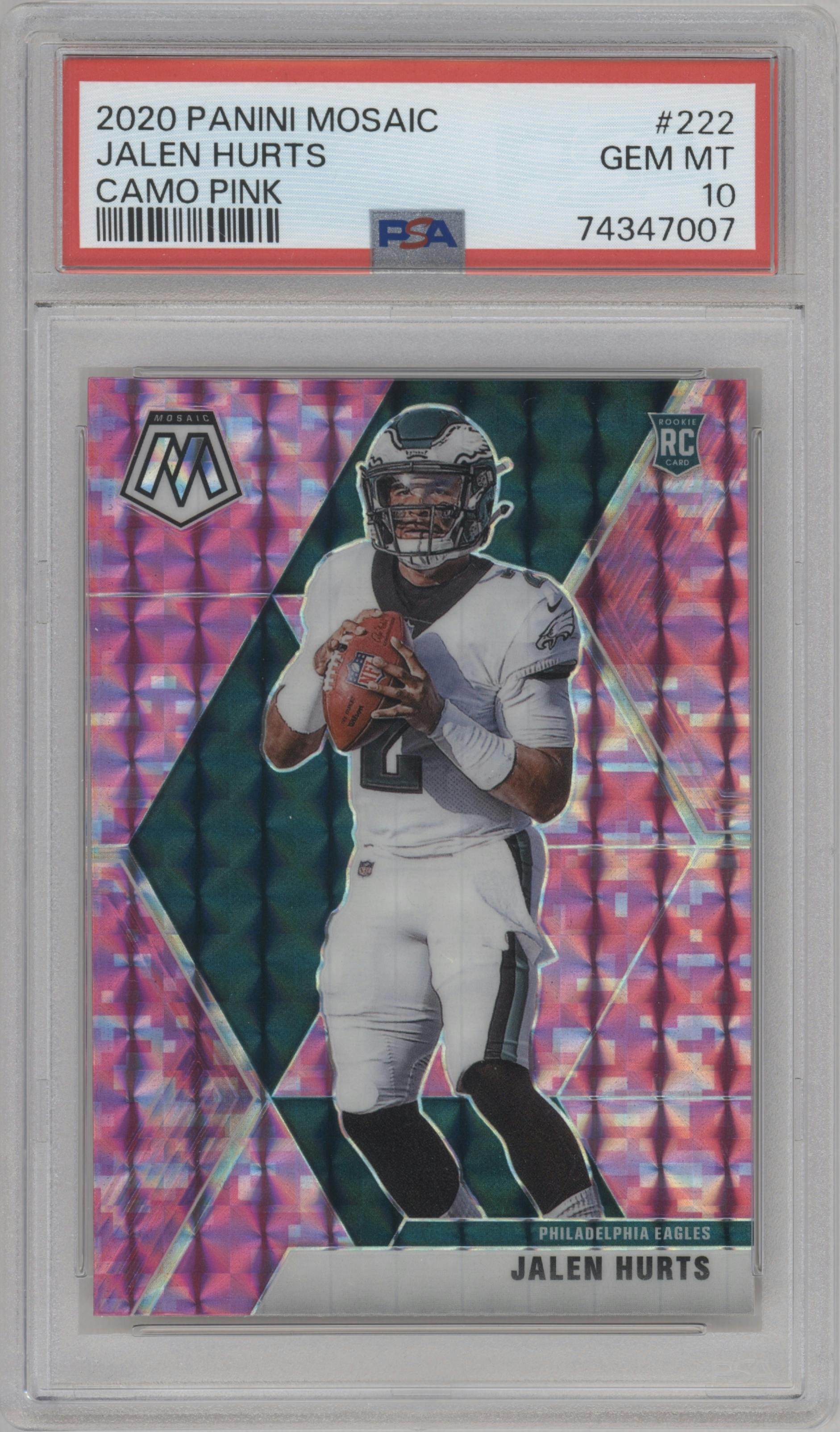 Jalen Hurts from the 2020 Panini Mosaic set featuring a Pink Camo parallel graded by PSA and given an overall grade of 10.