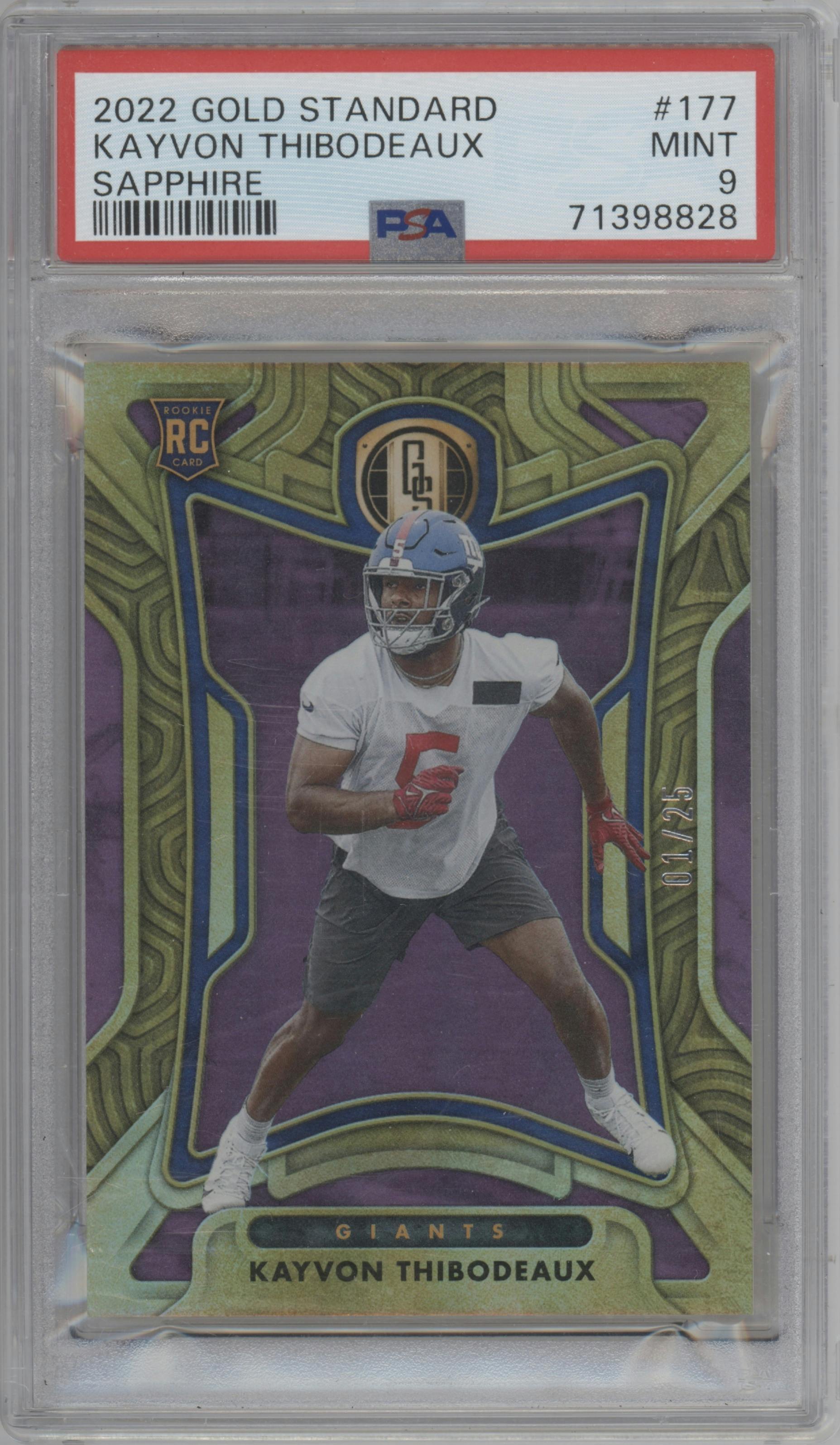 Kayvon Thibodeaux from the 2022 Panini Gold Standard set featuring a Rose Gold  parallel graded by PSA and given an overall grade of 9.