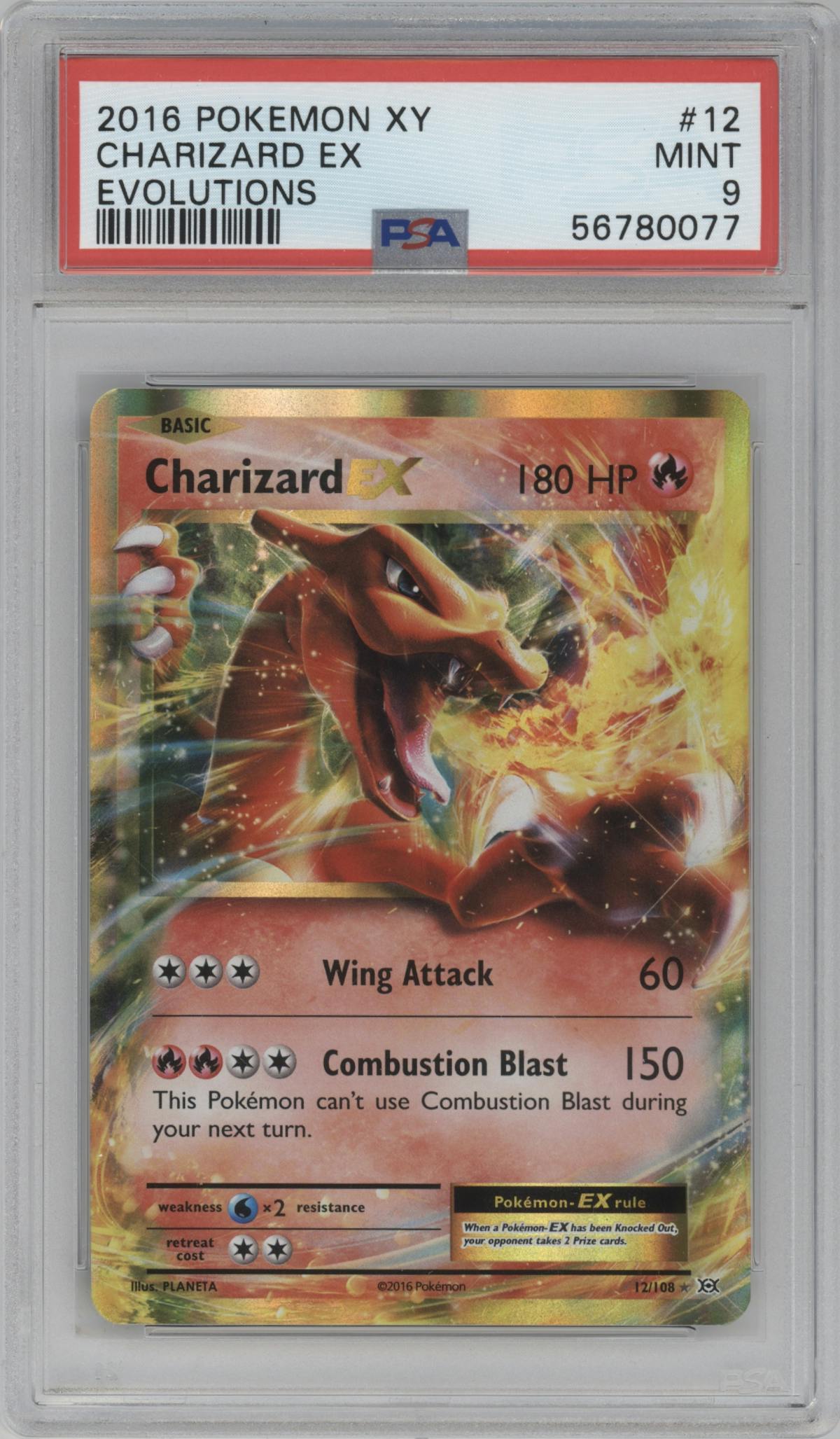 Charizard EX from the 2016 Pokemon XY set graded by PSA and given an overall grade of 9.