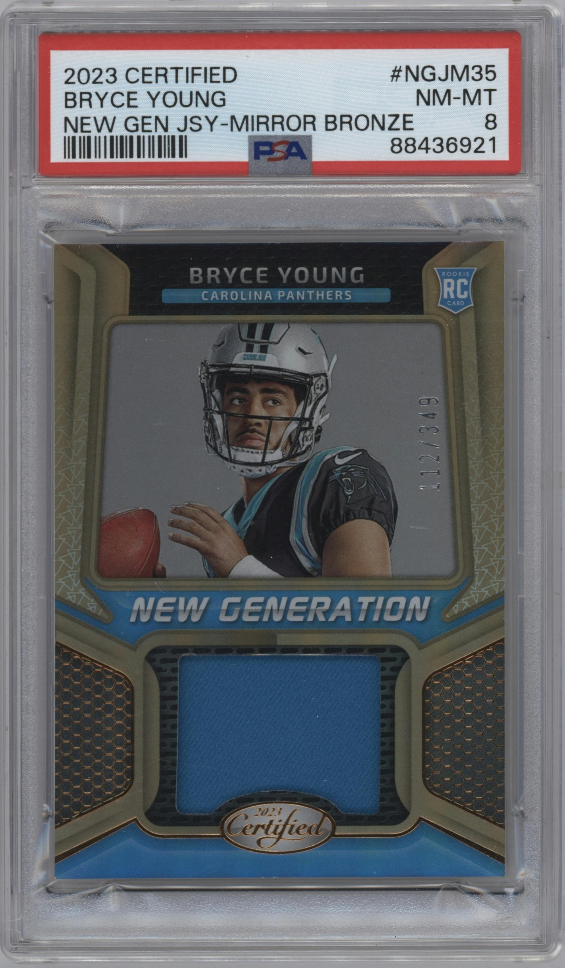 Bryce Young from the 2023 Panini Certified set featuring a Mirror Bronze parallel graded by PSA and given an overall grade of 8.