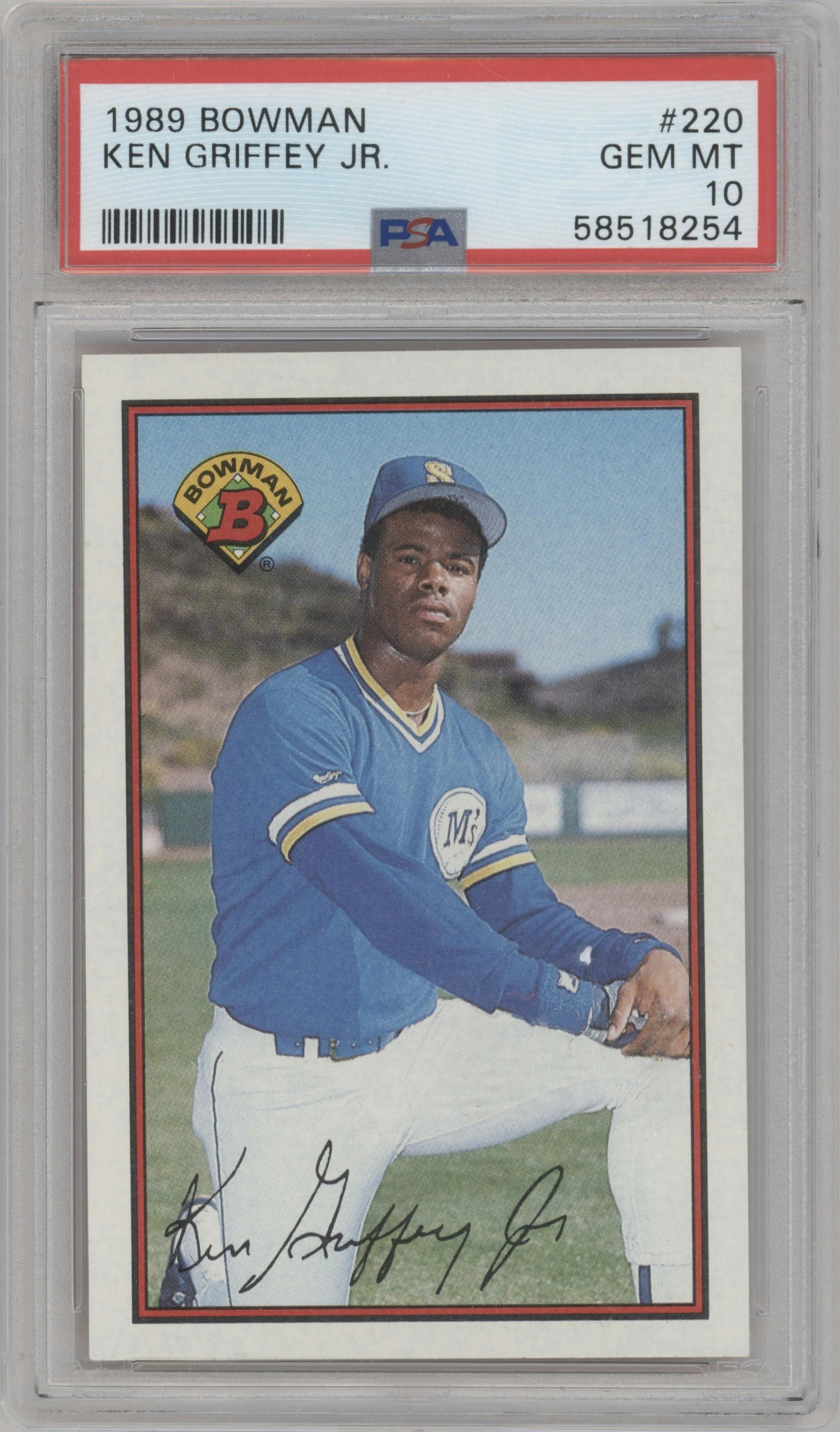 Ken Griffey, Jr. from the 1989 Bowman set graded by PSA and given an overall grade of 10.