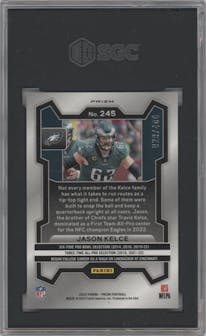 Jason Kelce from the 2023 Panini Prizm set featuring a Pandora parallel graded by SGC and given an overall grade of 9.