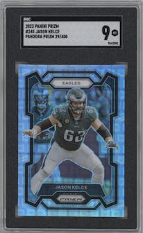 Jason Kelce from the 2023 Panini Prizm set featuring a Pandora parallel graded by SGC and given an overall grade of 9.