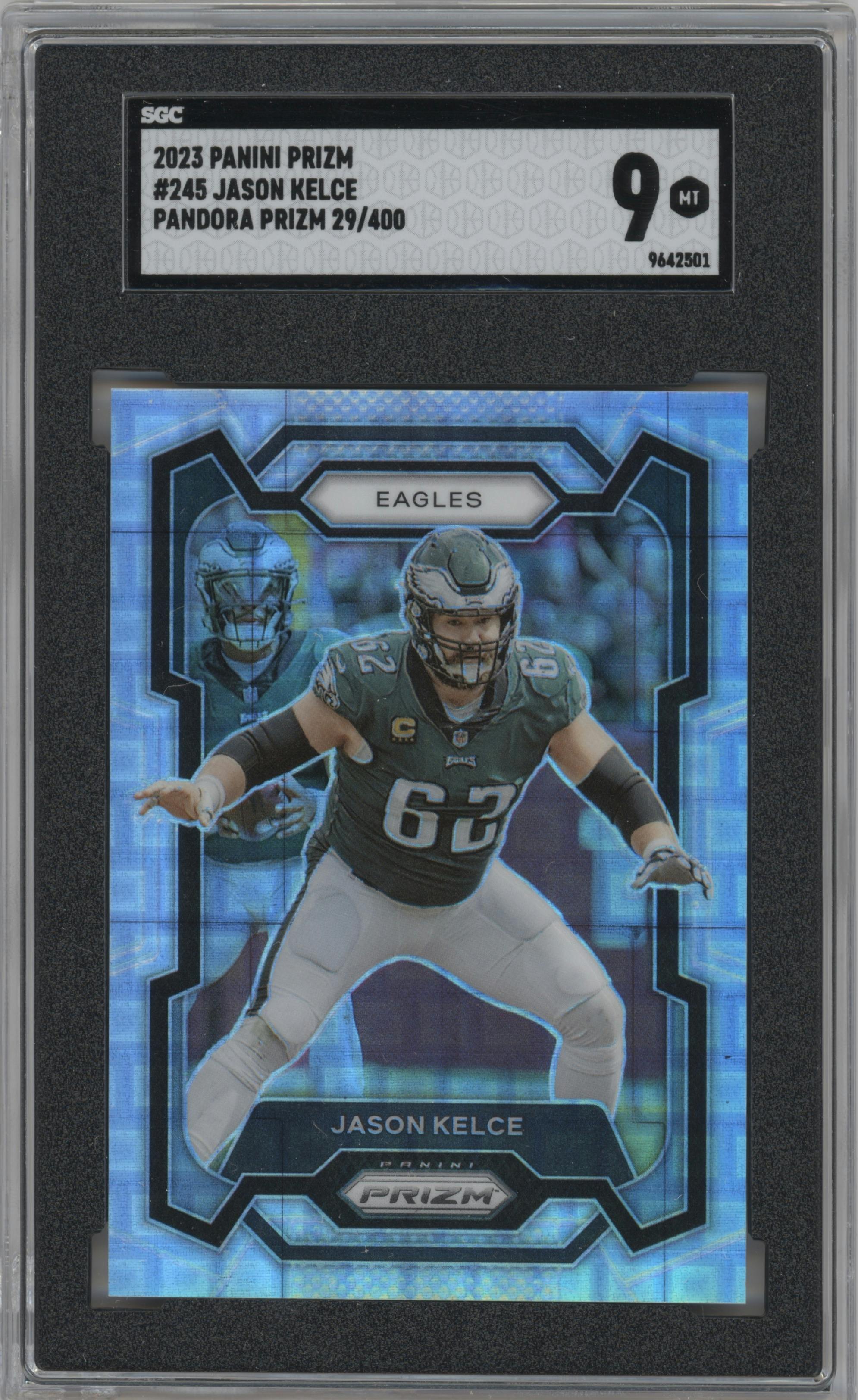 Jason Kelce from the 2023 Panini Prizm set featuring a Pandora parallel graded by SGC and given an overall grade of 9.