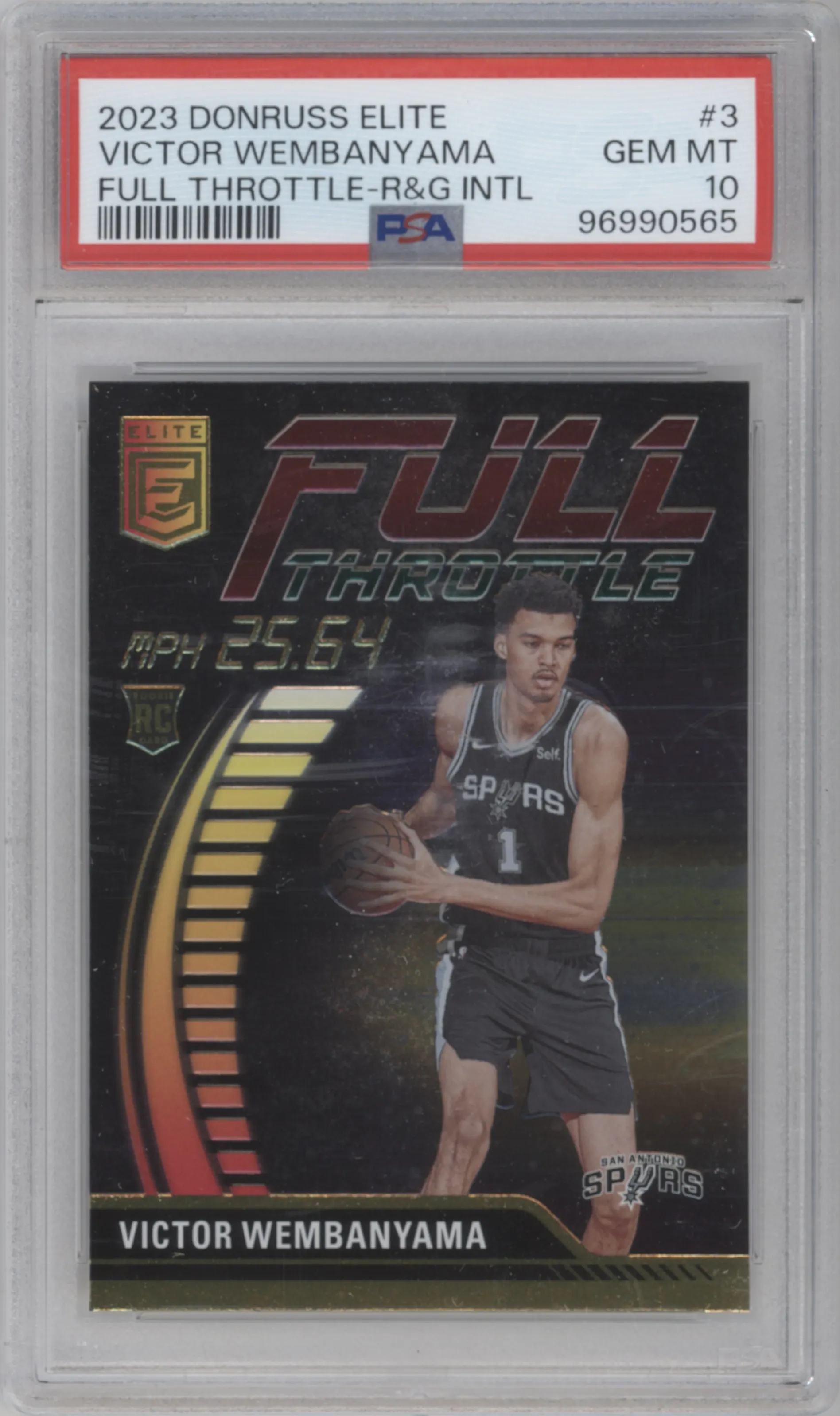 Victor Wembanyama  from the 2023-24 Panini Donruss Elite set featuring a Red and Green International parallel graded by PSA and given an overall grade of 10.