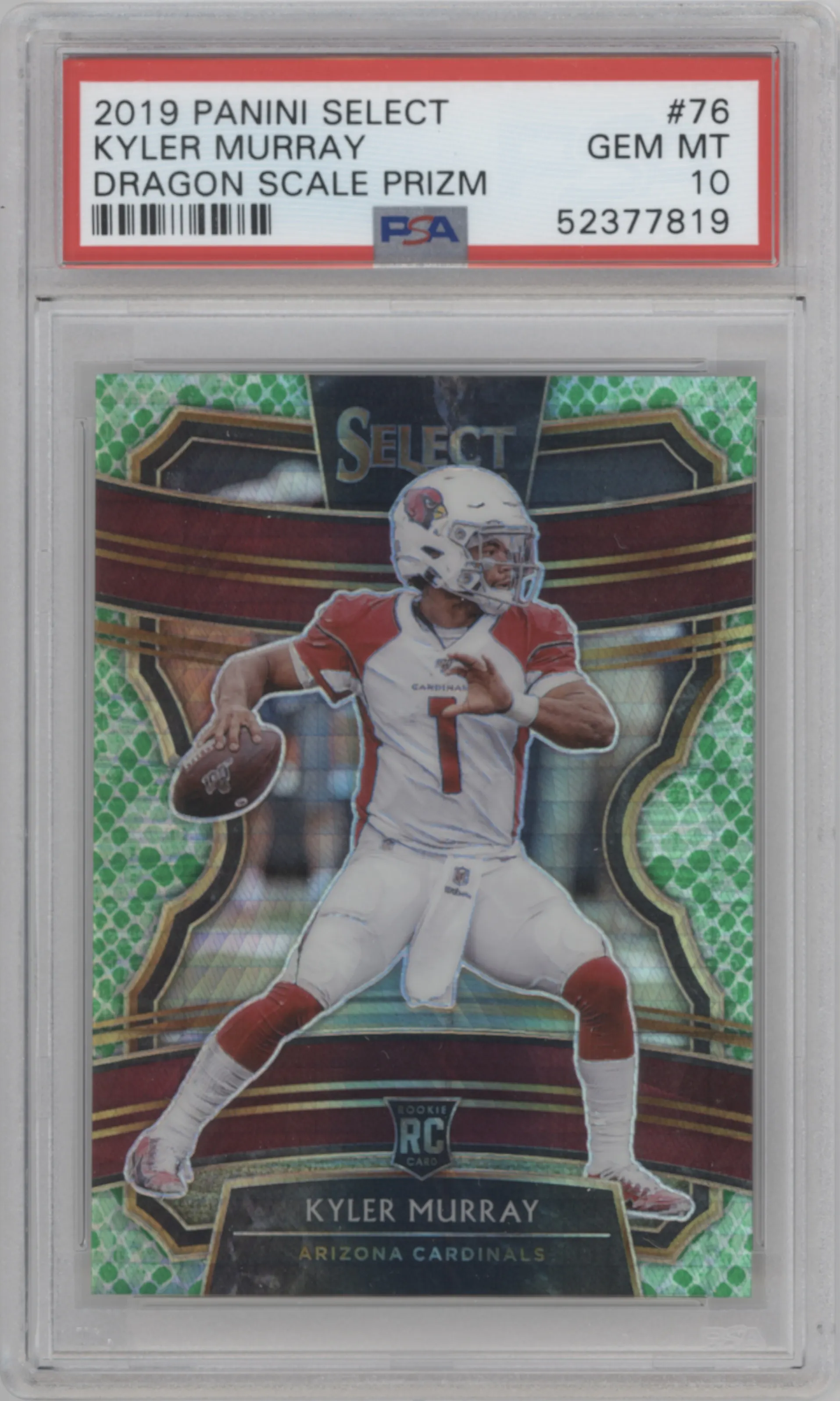 Kyler Murray from the 2019 Panini Select  set featuring a Dragon Scale parallel graded by PSA and given an overall grade of 10.