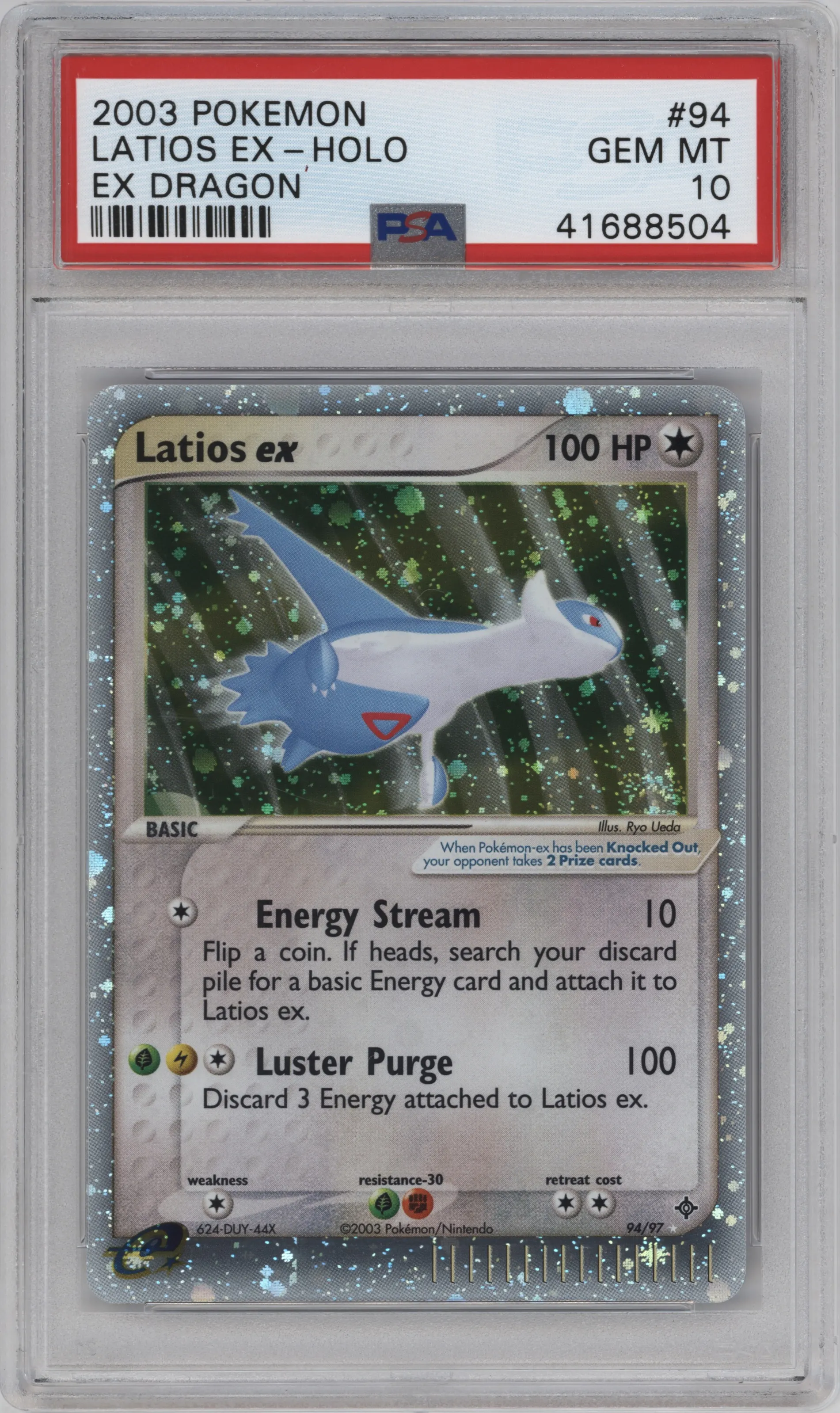 Latios EX from the 2003 Pokemon EX set graded by PSA and given an overall grade of 10.