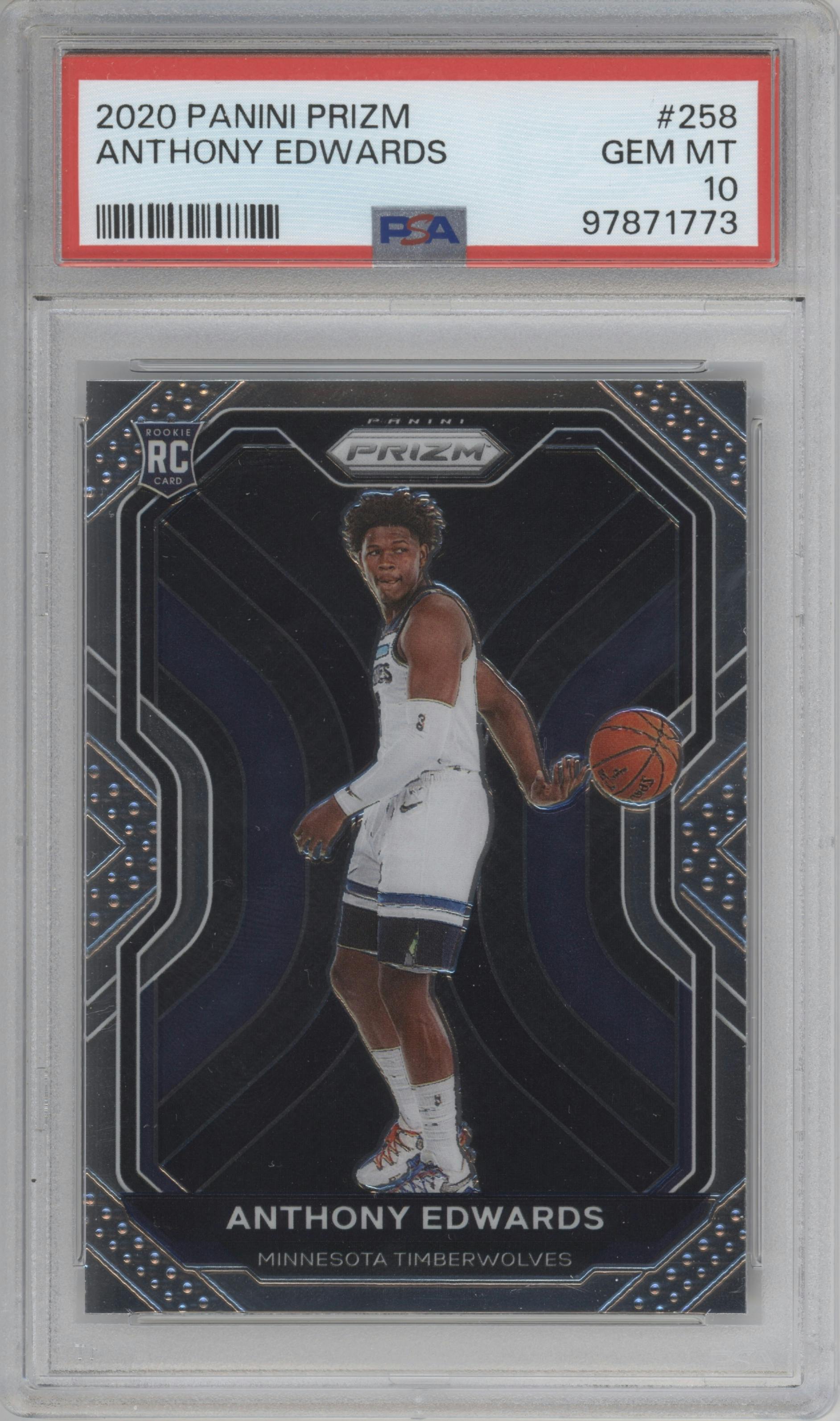 Anthony Edwards from the 2020-21 Panini Prizm set graded by PSA and given an overall grade of 10.