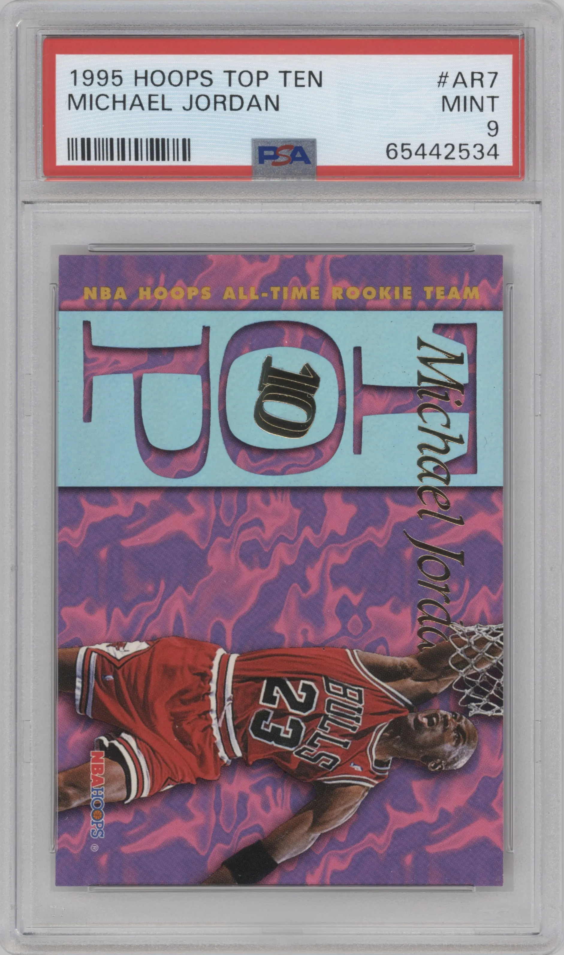 Michael Jordan from the 1995-96 NBA Hoops set graded by PSA and given an overall grade of 9.