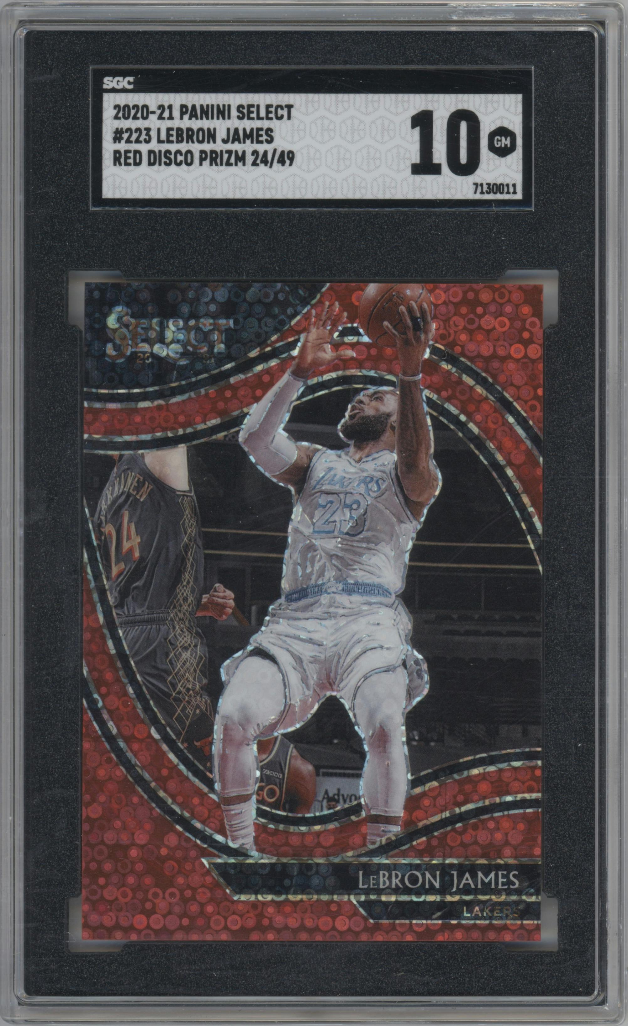 LeBron James from the 2020-21 Panini Select  set featuring a Disco Red parallel graded by SGC and given an overall grade of 10.