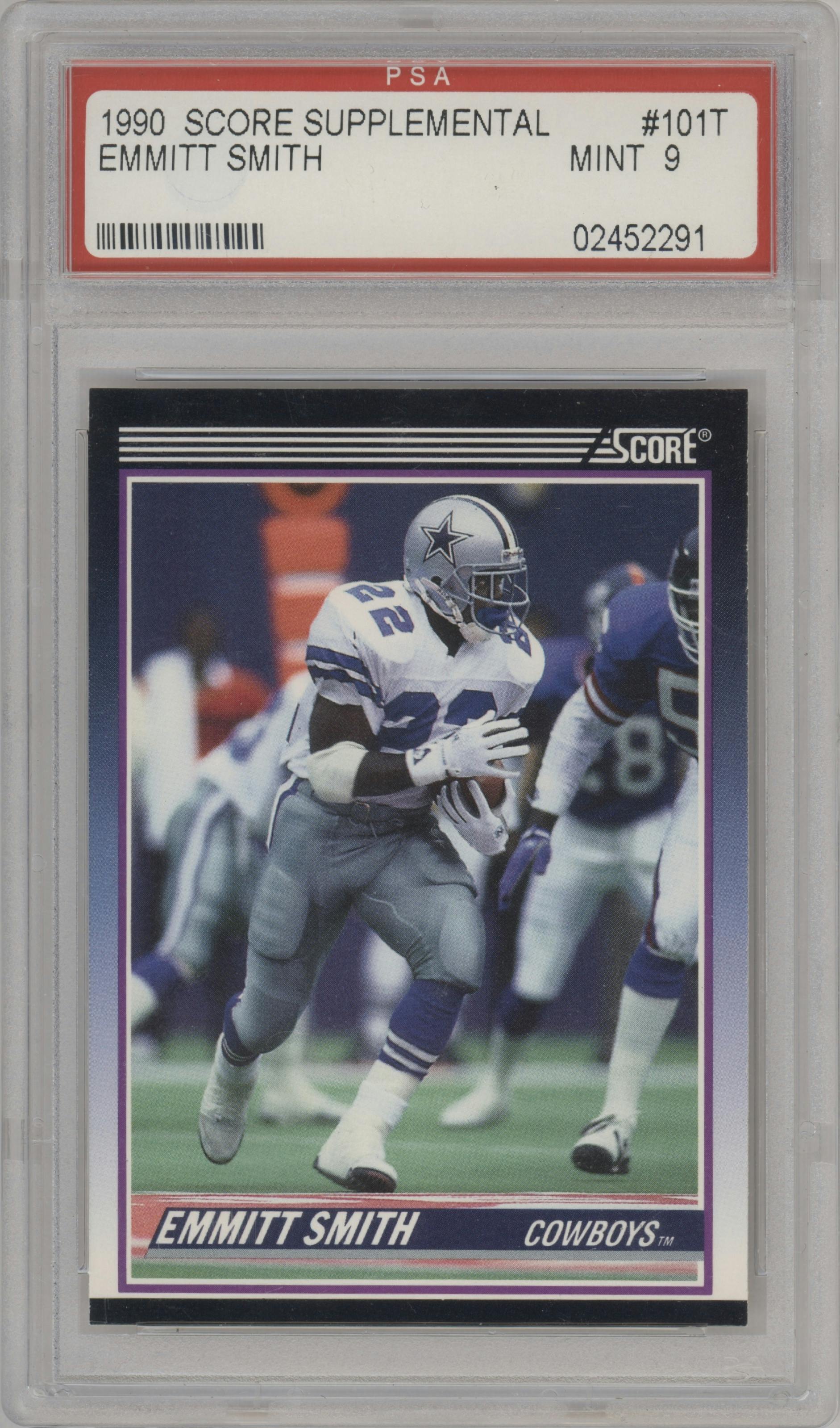 Emmitt Smith from the 1990 Score set graded by PSA and given an overall grade of 9.