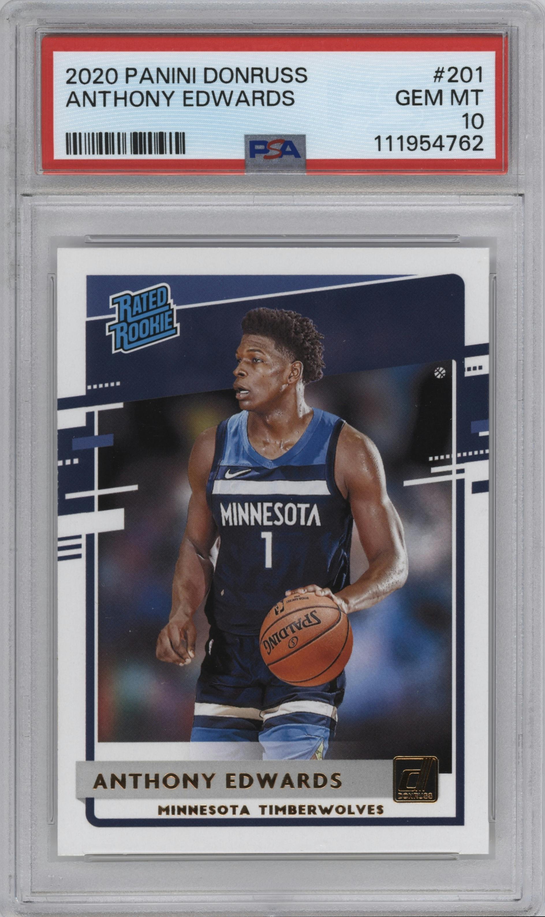 Anthony Edwards from the 2020-21 Panini Donruss set graded by PSA and given an overall grade of 10.