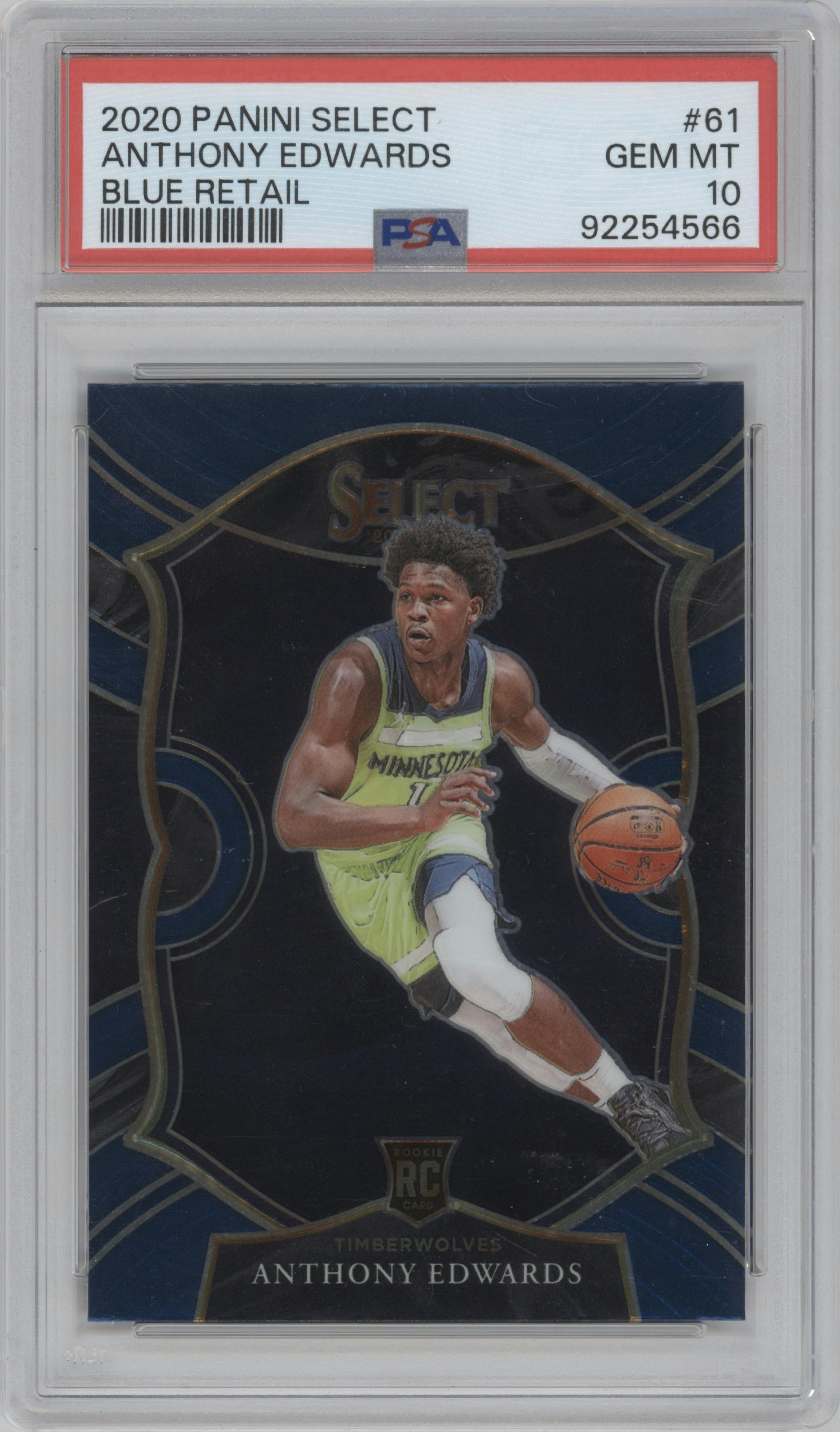 Anthony Edwards from the 2020-21 Panini Select  set featuring a Blue Retail parallel graded by PSA and given an overall grade of 10.