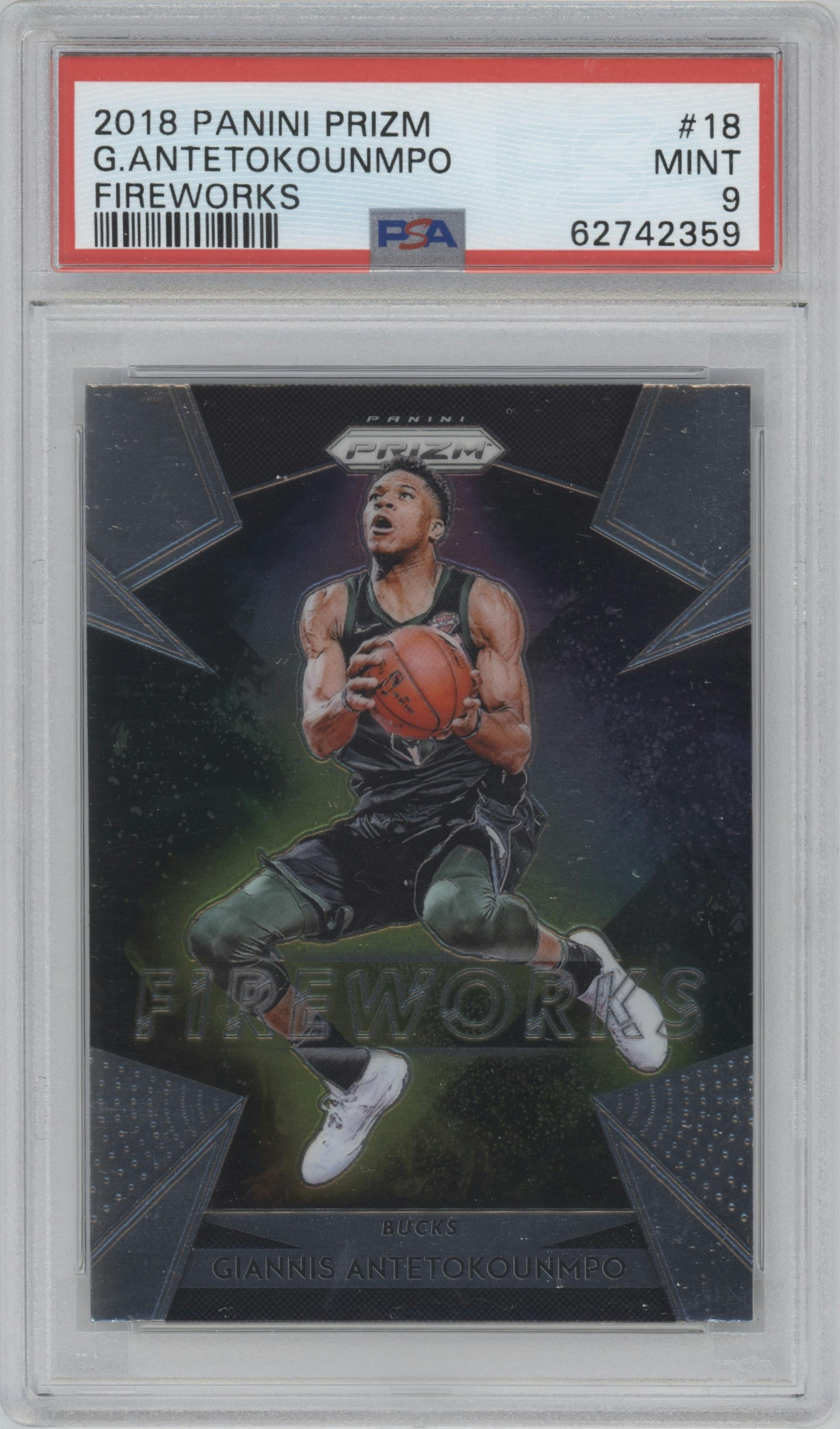 Giannis Antetokounmpo from the 2018-19 Panini Prizm set graded by PSA and given an overall grade of 9.