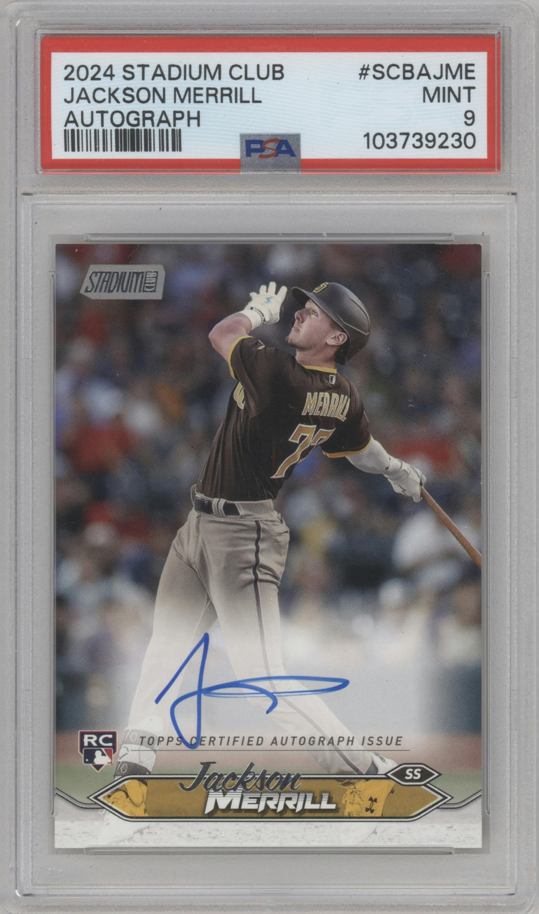 Jackson Merrill from the 2024 Topps Stadium Club set graded by PSA and given an overall grade of 9.