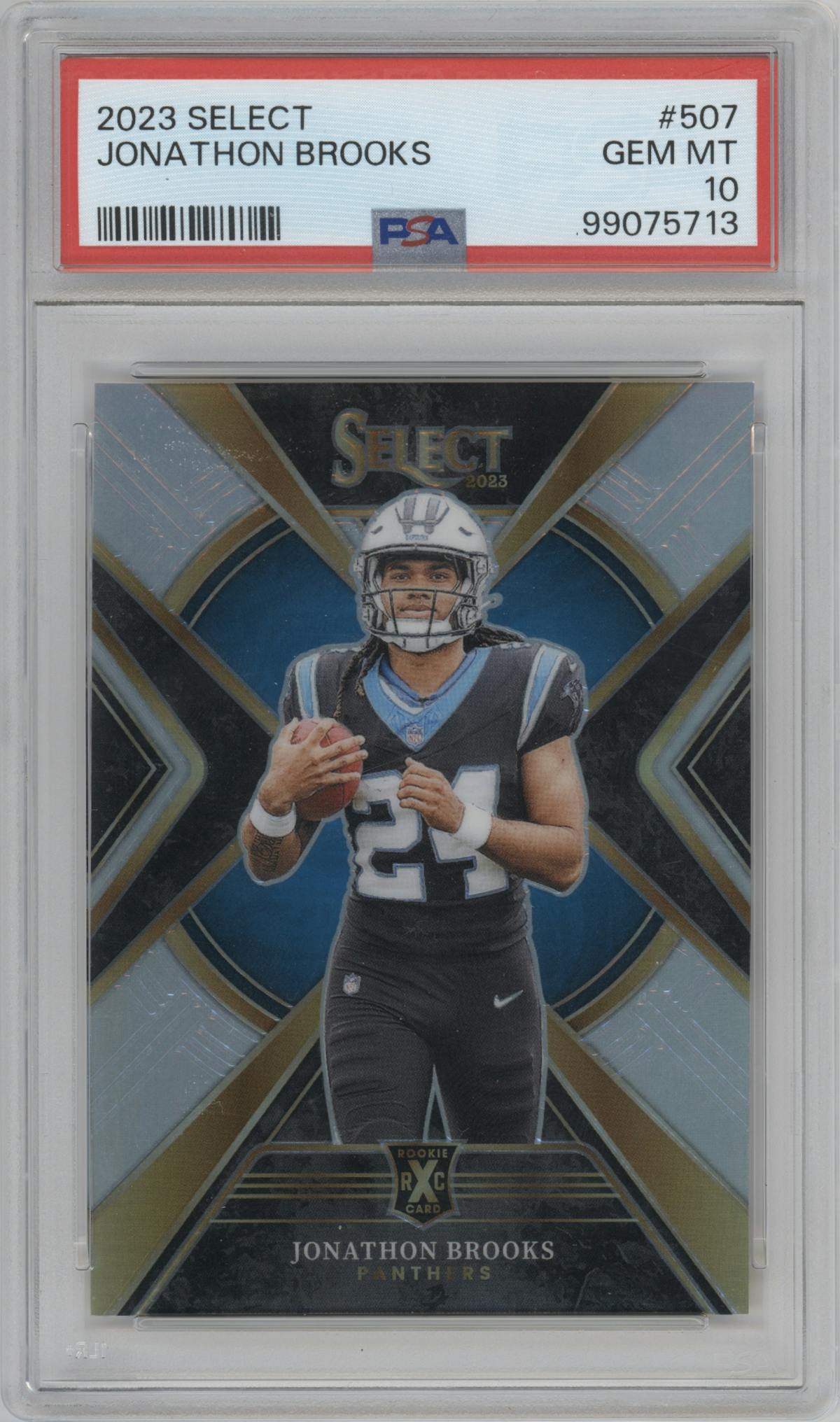 Jonathon Brooks from the 2023 Panini Select set graded by PSA and given an overall grade of 10.