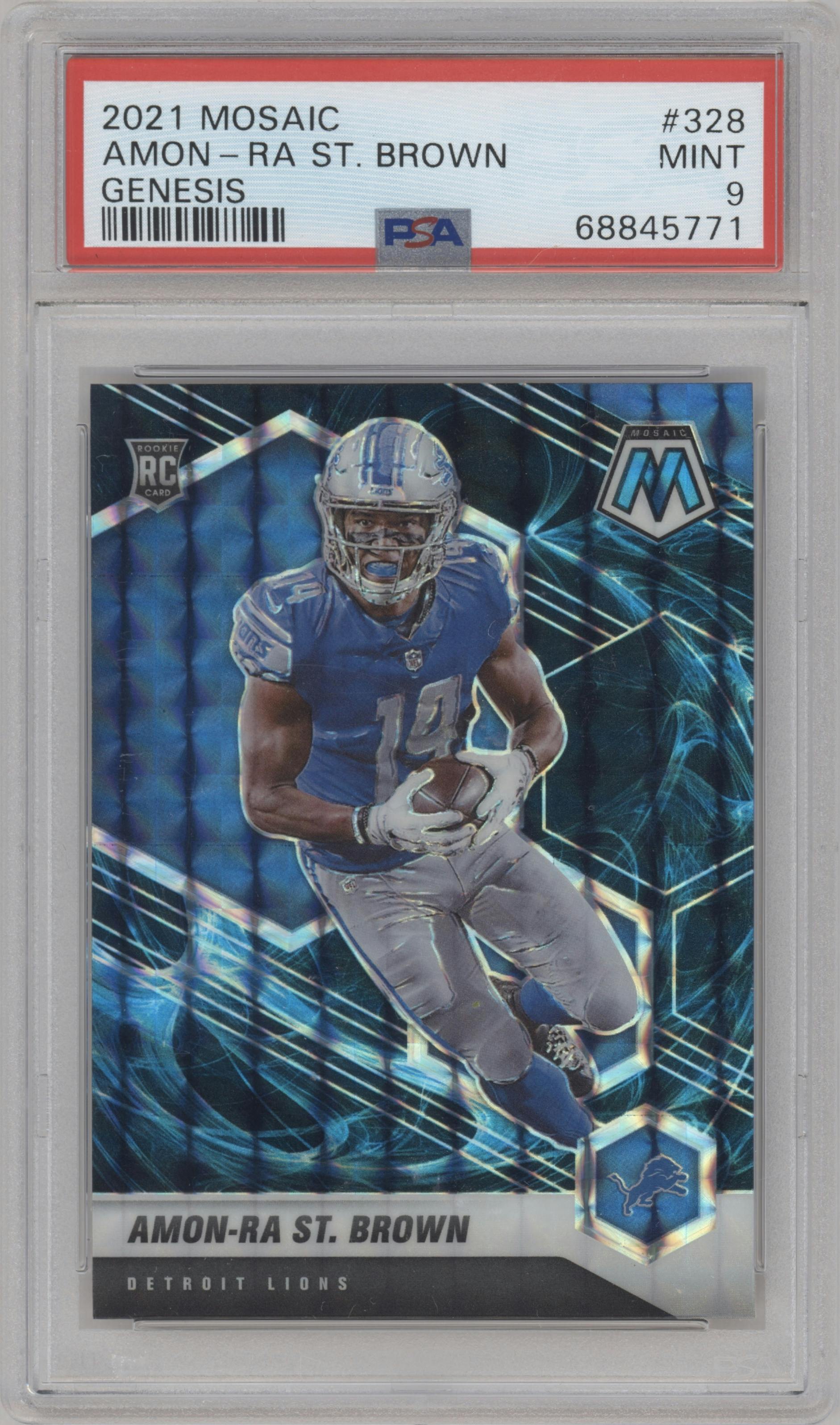 Amon-Ra St. Brown from the 2021 Panini Mosaic set featuring a Genesis parallel graded by PSA and given an overall grade of 9.