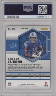 Amon-Ra St. Brown from the 2021 Panini Mosaic set featuring a Genesis parallel graded by PSA and given an overall grade of 9.