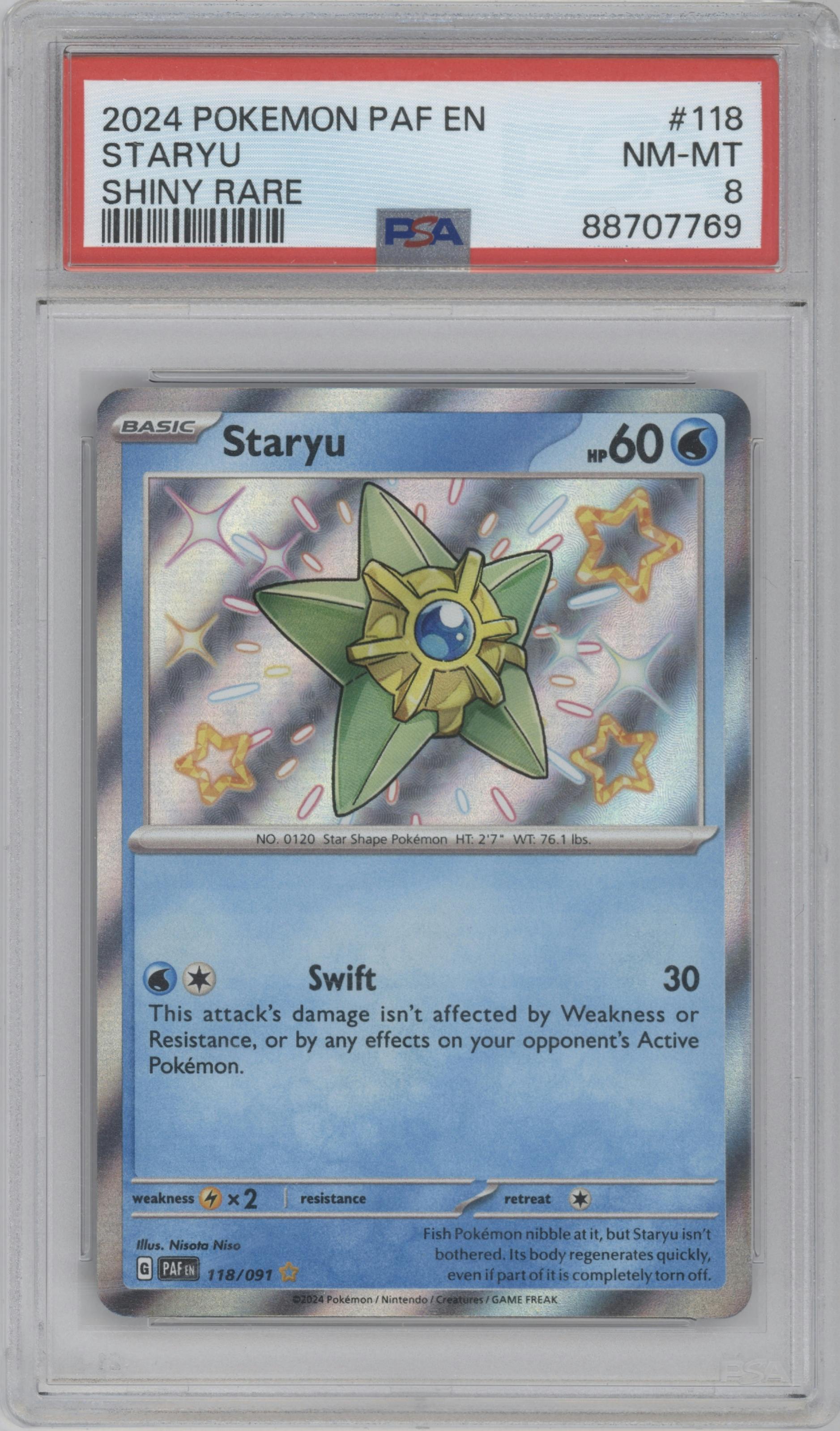 Staryu from the 2024 Pokemon SV set graded by PSA and given an overall grade of 8.