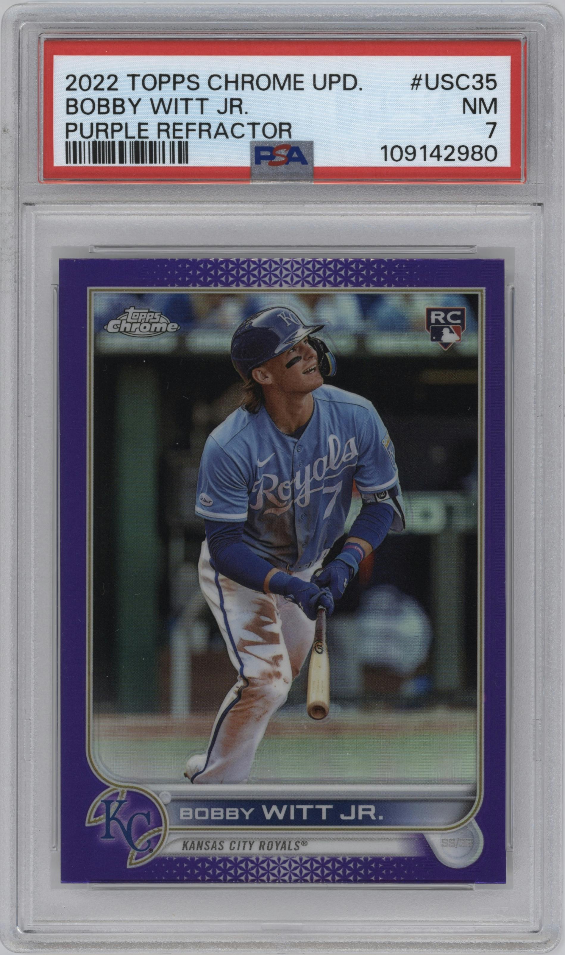 Bobby Witt Jr. from the 2022 Topps Chrome Update set featuring a Purple Refractor parallel graded by PSA and given an overall grade of 7.