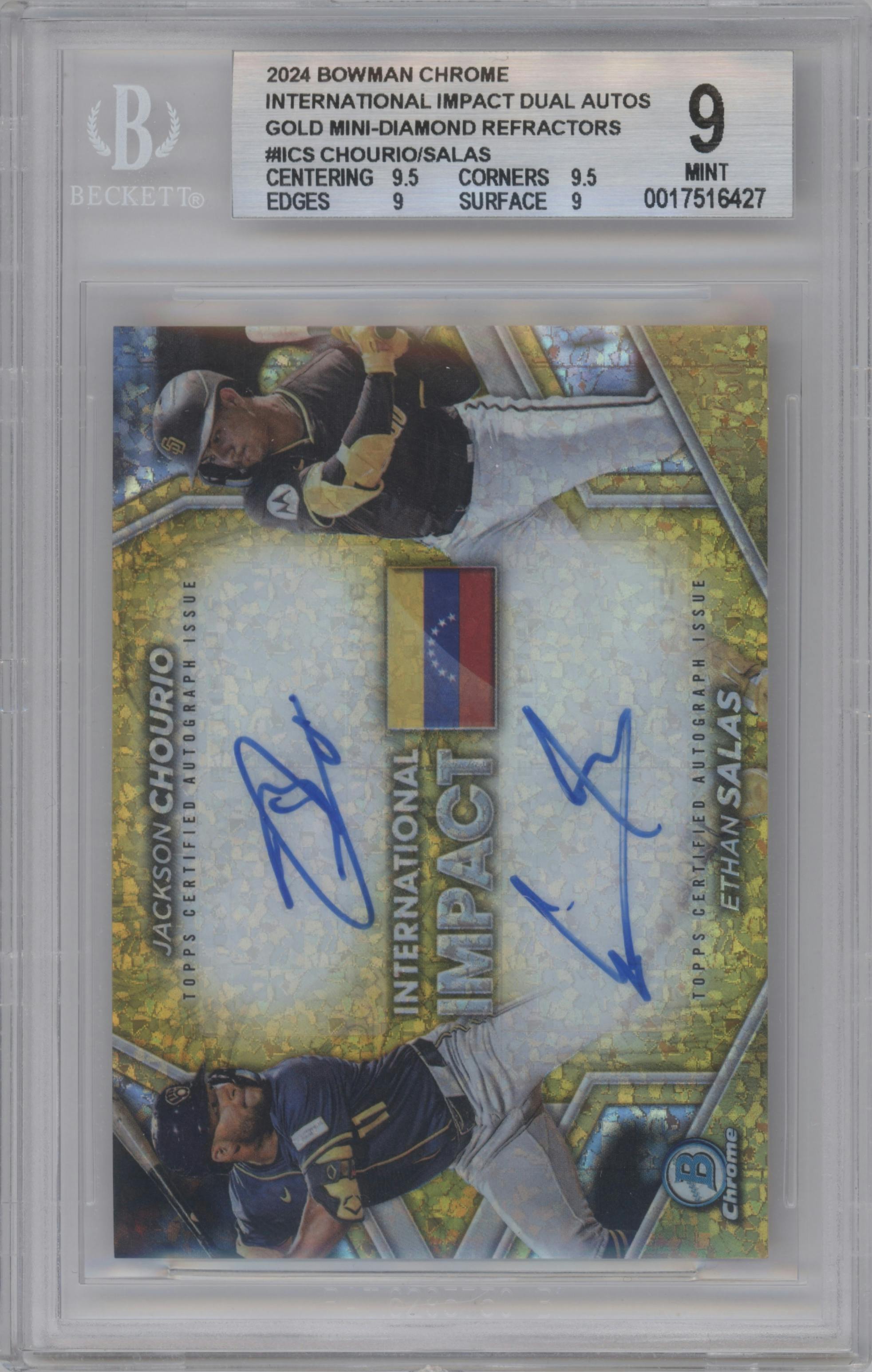  Jackson Chourio/Ethan Salas from the 2024 Bowman Chrome set featuring a Gold Mini Diamond  parallel graded by Beckett and given an overall grade of 9.