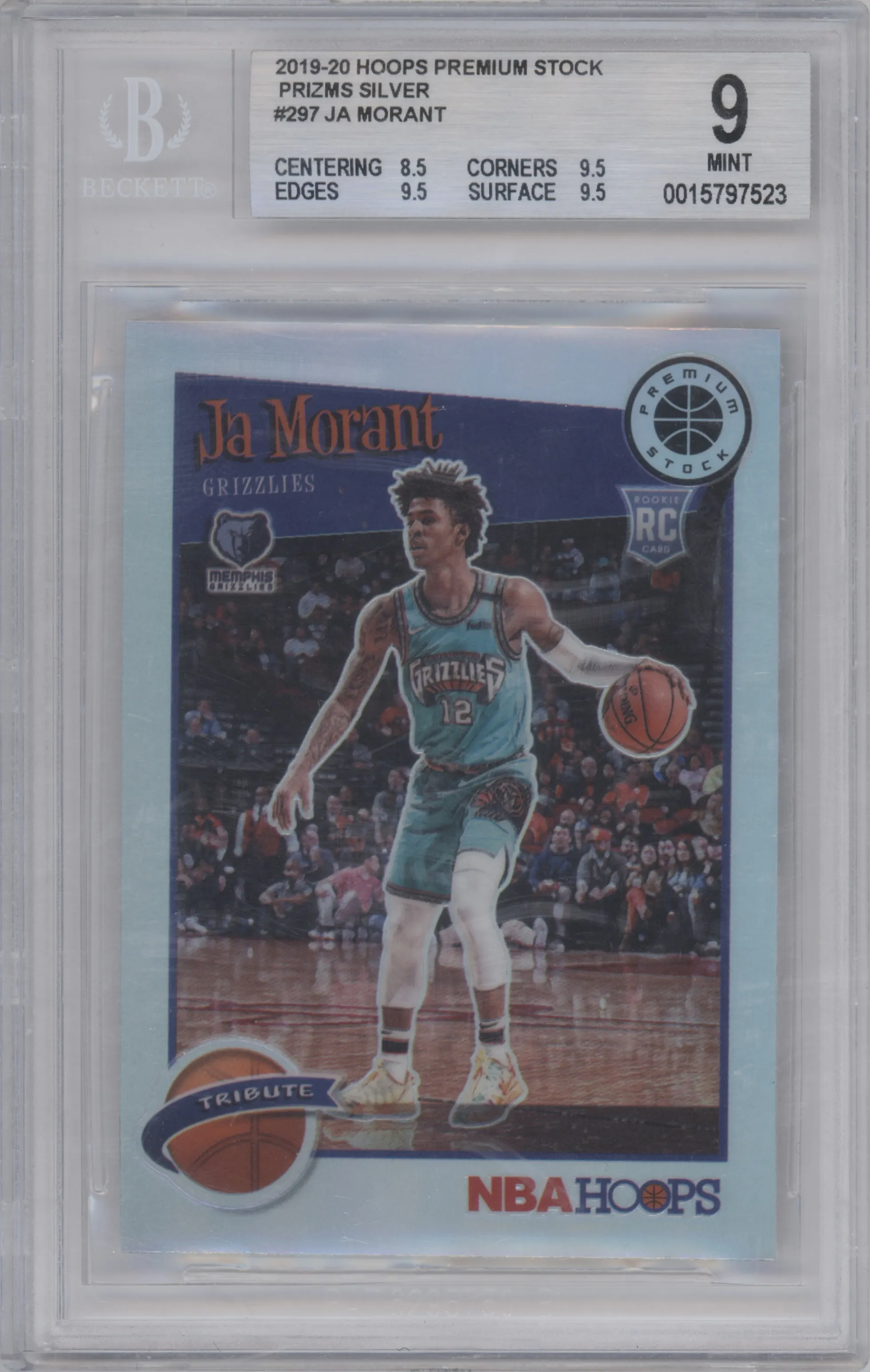 Ja Morant from the 2019-20 Panini Hoops Premium Stock set featuring a Silver parallel graded by Beckett and given an overall grade of 9.