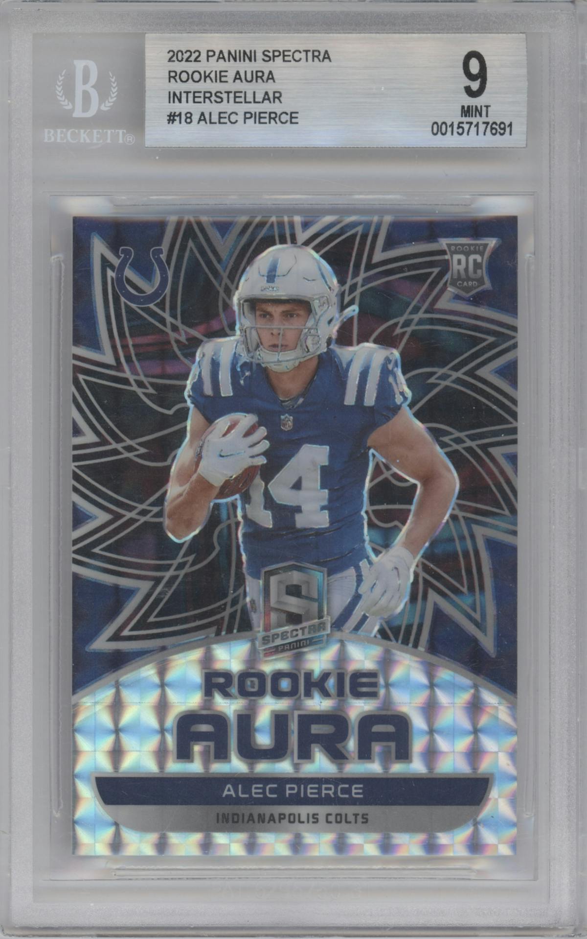 Alec Pierce from the 2022 Panini Spectra set featuring a Interstellar parallel graded by Beckett and given an overall grade of 9.