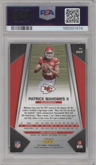Patrick Mahomes II from the 2017 Panini Prizm set featuring a Pink Prizm parallel graded by PSA and given an overall grade of 10.
