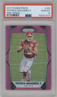 Patrick Mahomes II from the 2017 Panini Prizm set featuring a Pink Prizm parallel graded by PSA and given an overall grade of 10.