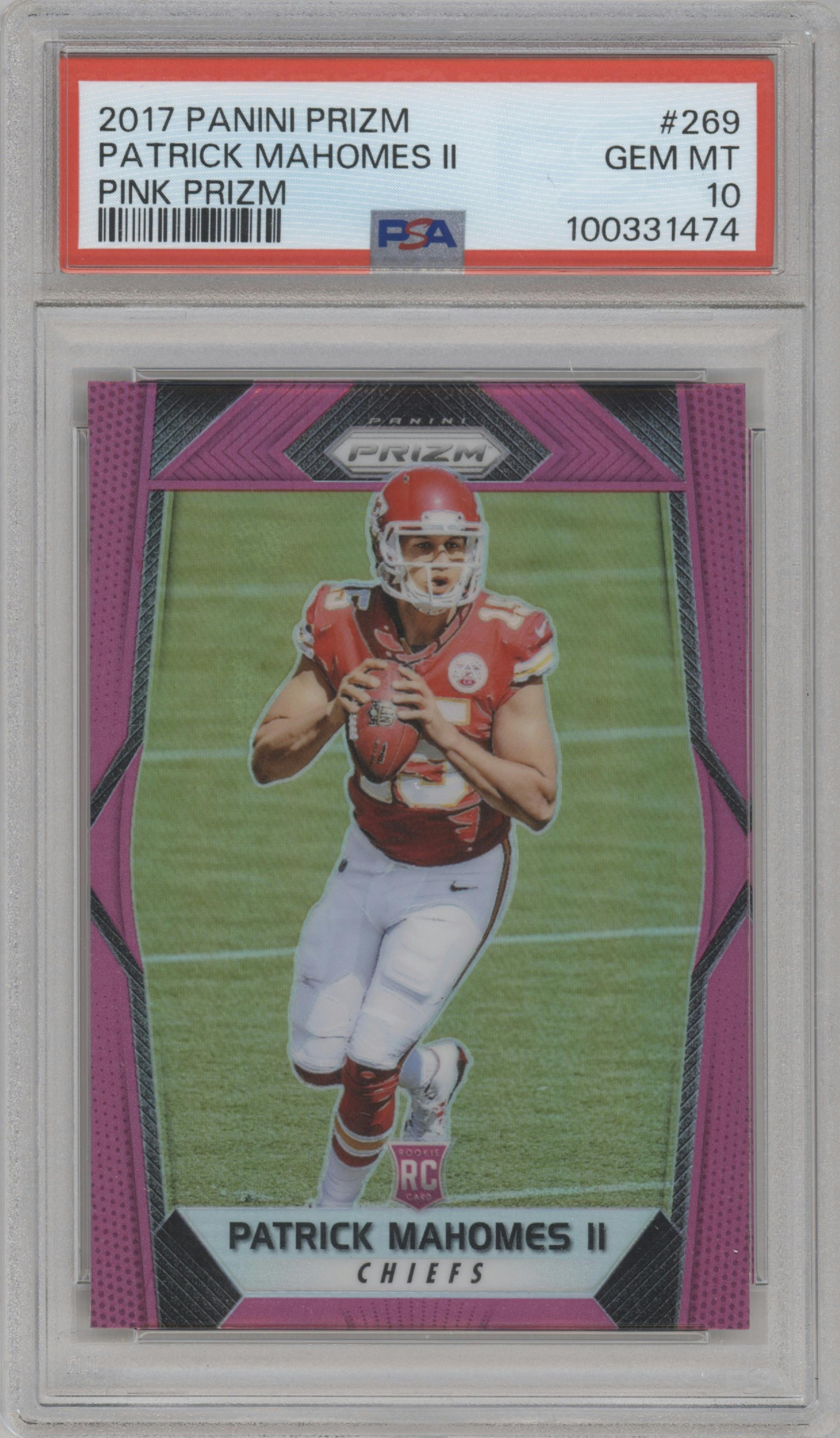Patrick Mahomes II from the 2017 Panini Prizm set featuring a Pink Prizm parallel graded by PSA and given an overall grade of 10.