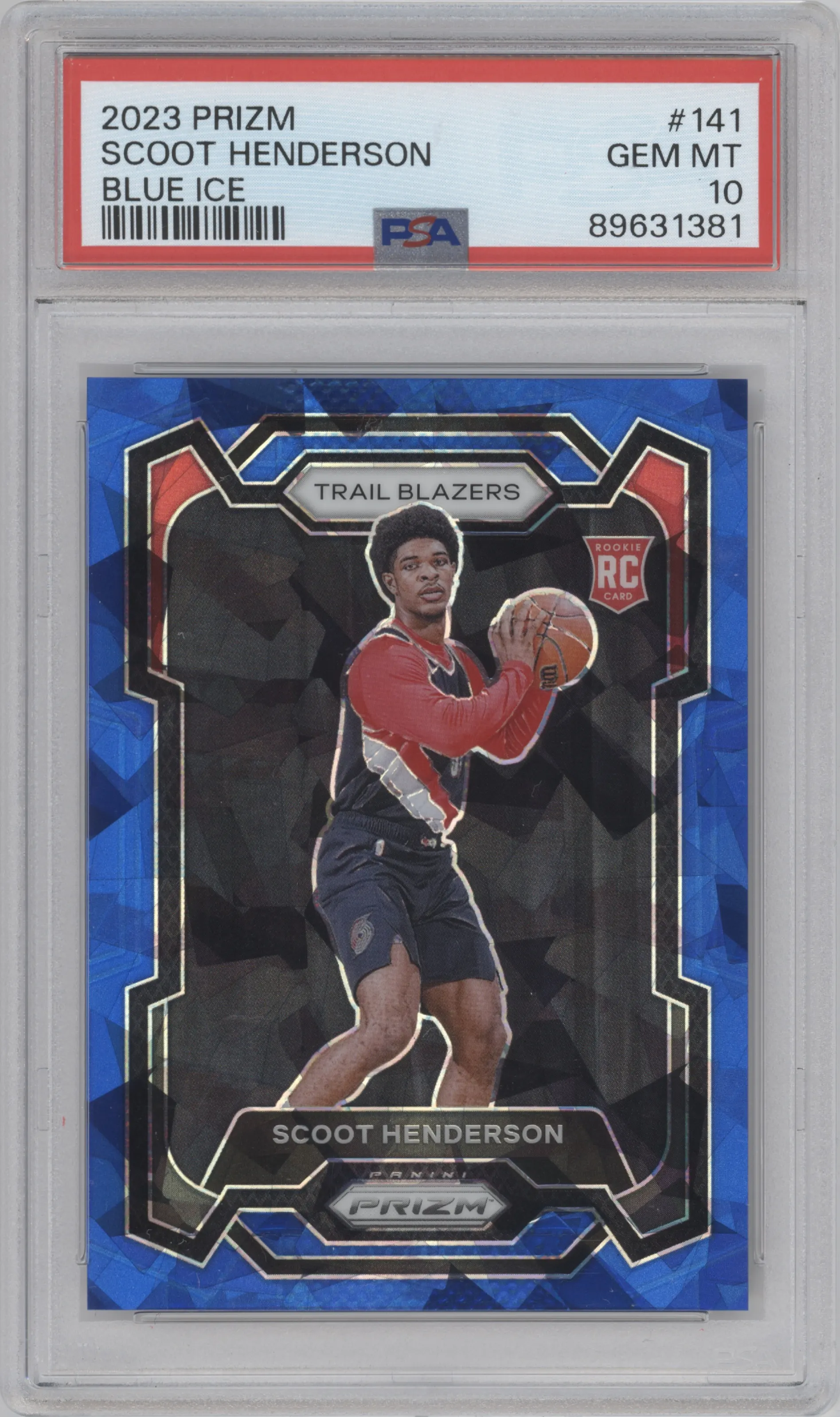 Scoot Henderson from the 2023-24 Panini Prizm set featuring a Blue Ice parallel graded by PSA and given an overall grade of 10.