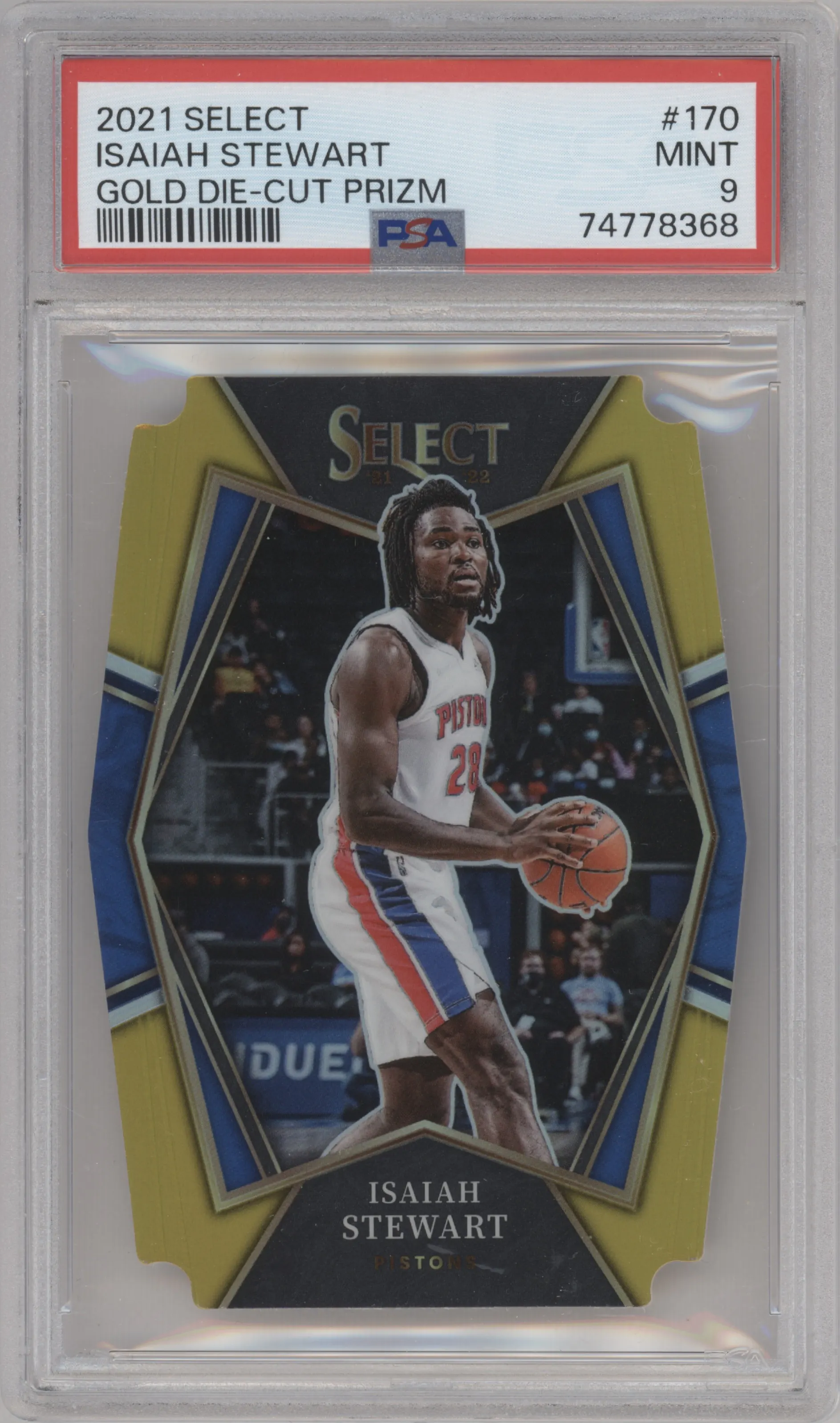 Isaiah Stewart from the 2021-22 Panini Select set featuring a Die-Cut Gold parallel graded by PSA and given an overall grade of 9.