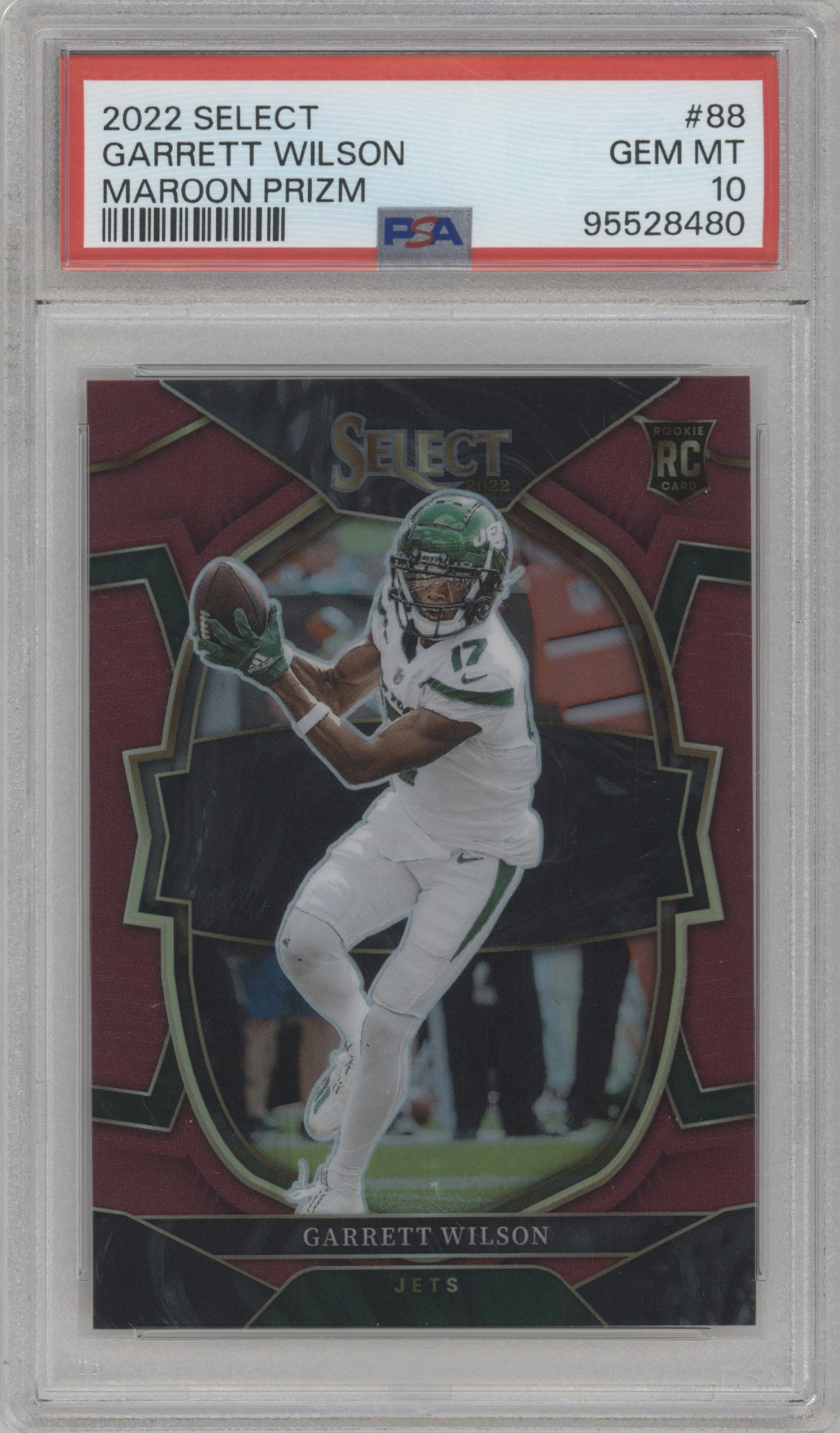 Garrett Wilson from the 2022 Panini Select set featuring a Maroon Prizm parallel graded by PSA and given an overall grade of 10.