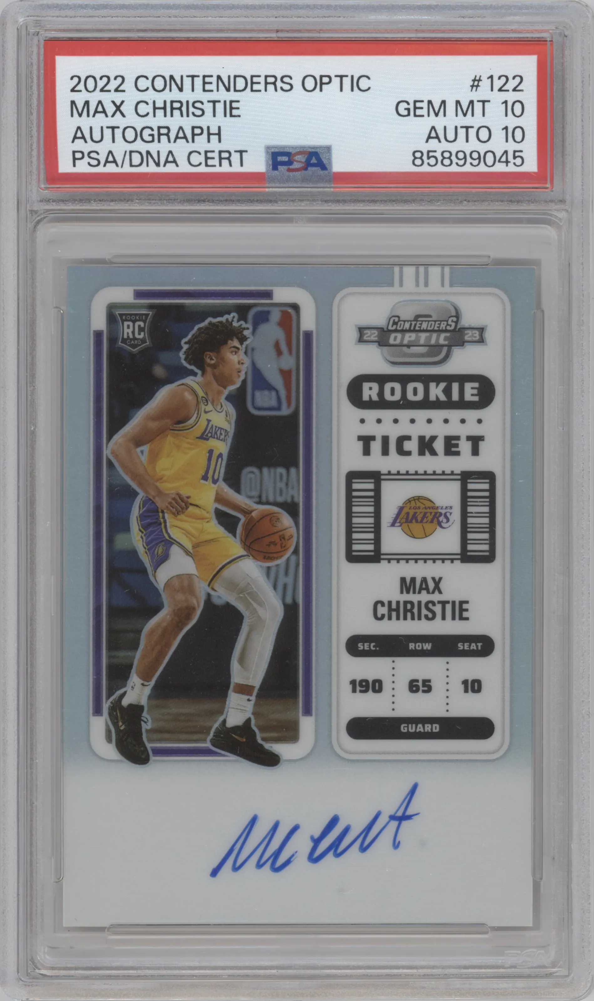 Max Christie from the 2022-23 Panini Contenders Optic set graded by PSA and given an overall grade of 10.